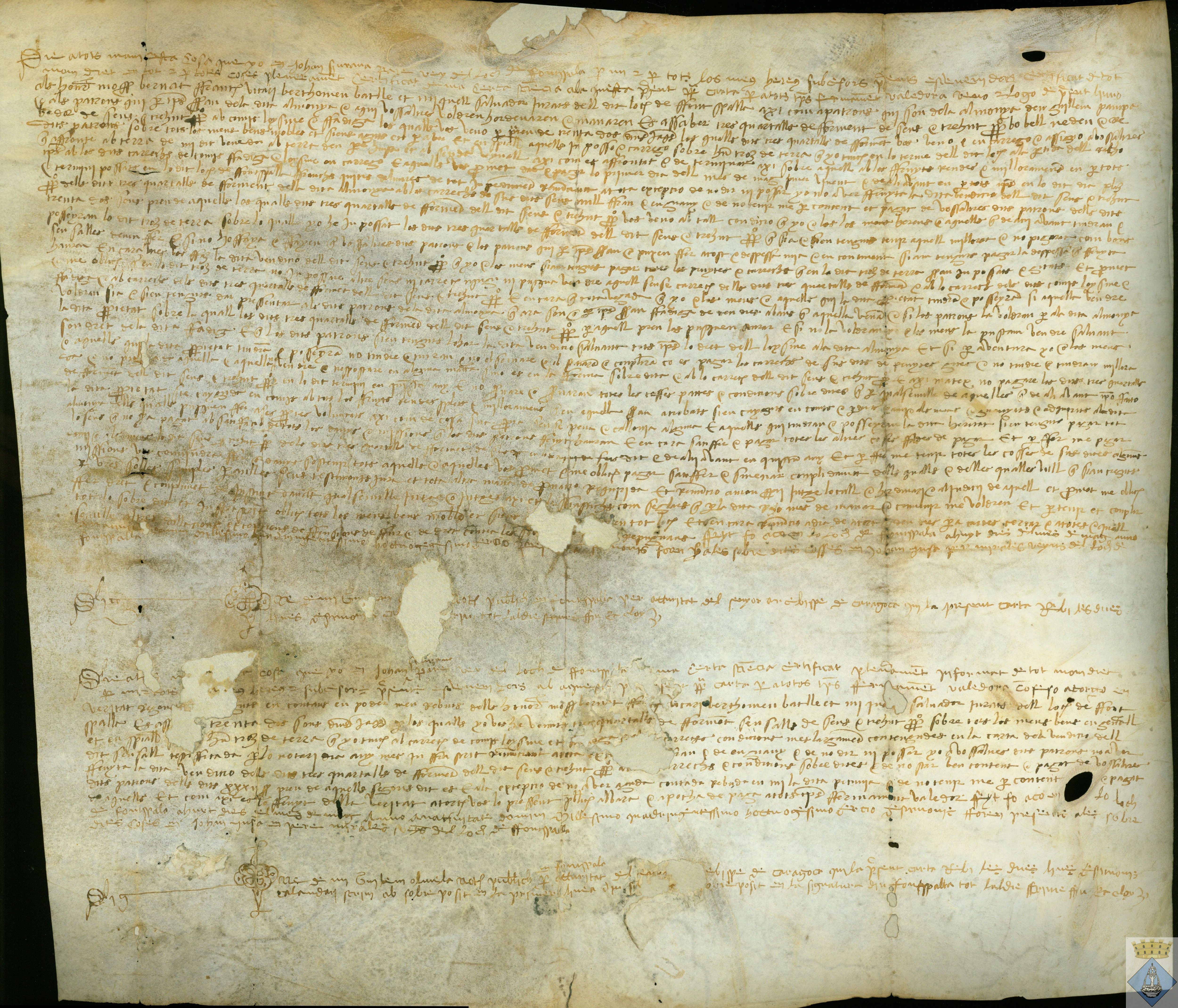 Joan Siurana, vecino de Fuentespalda, entrega al justicia y jurados del pueblo una renta en cereal destinada a la <i>almoina</i> de Guillem Pampa.