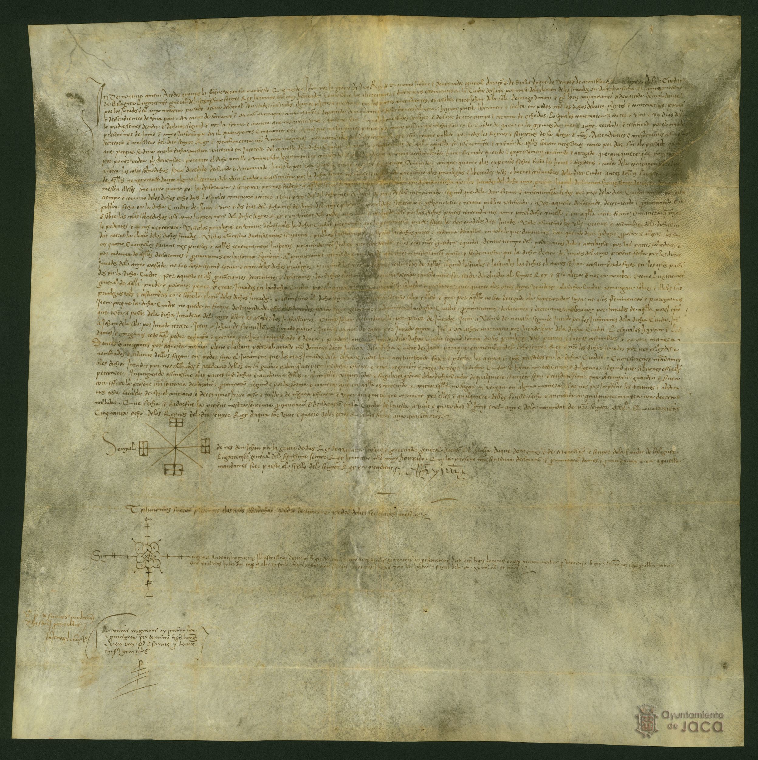 Sentencia del Rey Juan II, firmada en delegación por su primo Don Juan, en la que anula la elección de los jurados de Jaca de ese año