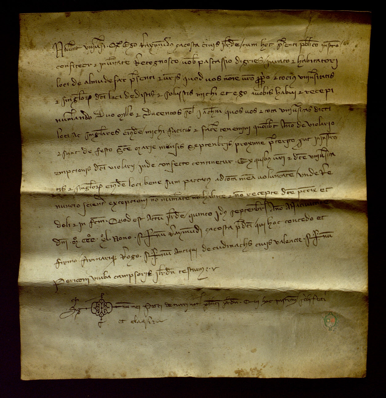 Ramón Sacosta, ciudadano de Lérida, reconoce recibir del concejo de Almudévar 2.200 sueldos jaqueses por razón de un violario.