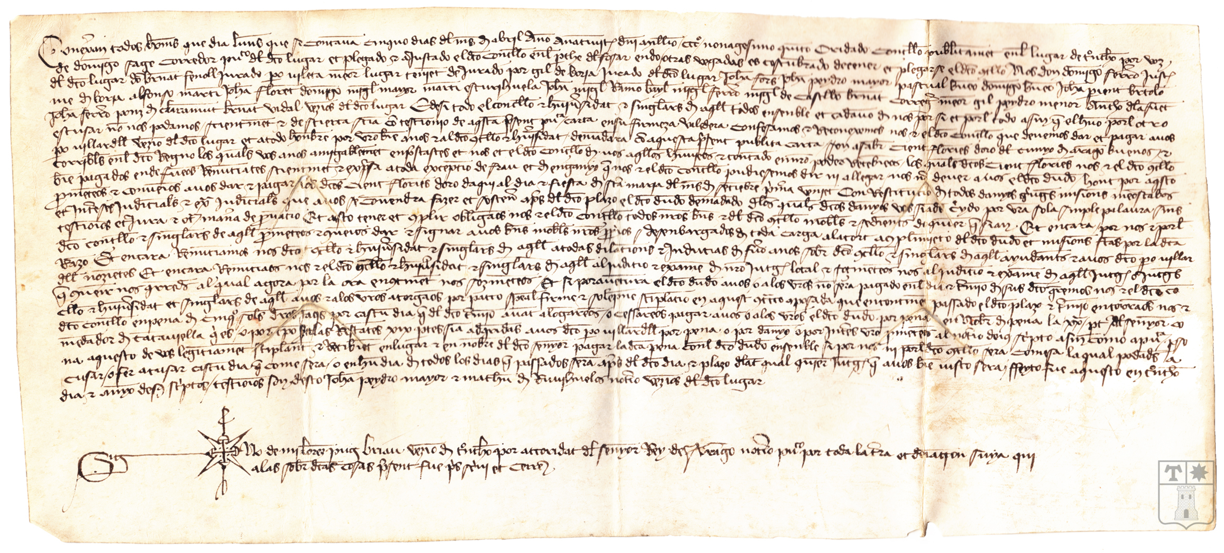Carta de obligación por la que el Concejo de Tronchón reconoce que debe pagar a Pedro Villardell, vecino del lugar, 100 florines de oro de cuño de Aragón que prestó a dicho concejo