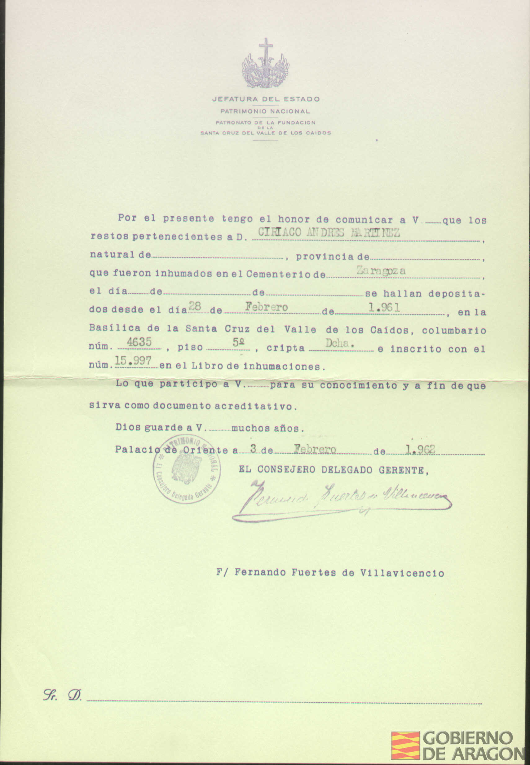 Traslado al Valle de los Caídos de los restos mortales de Ciriaco Andrés Martínez el día 28 de febrero de 1961