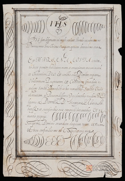 Carta de profesión de Mariana Costa, de la ciudad de Jaca, en el monasterio de Santa Cruz de Jaca