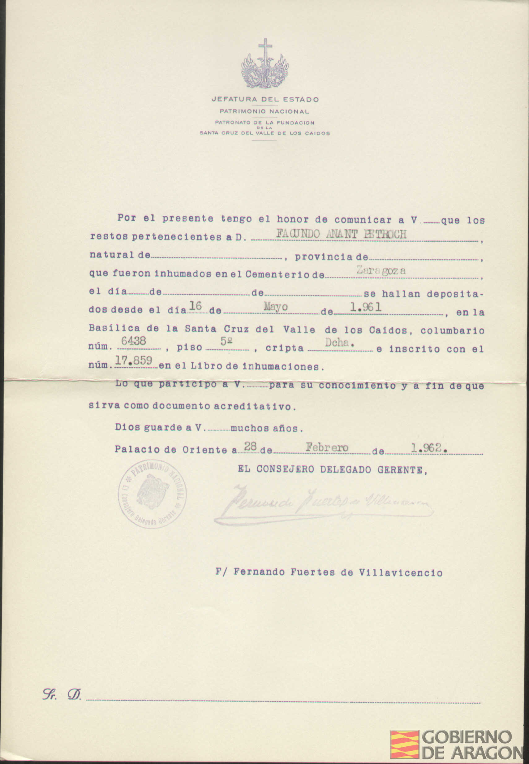 Traslado al Valle de los Caídos de los restos mortales de Facundo Anant Petroch el día 16 de mayo de 1961