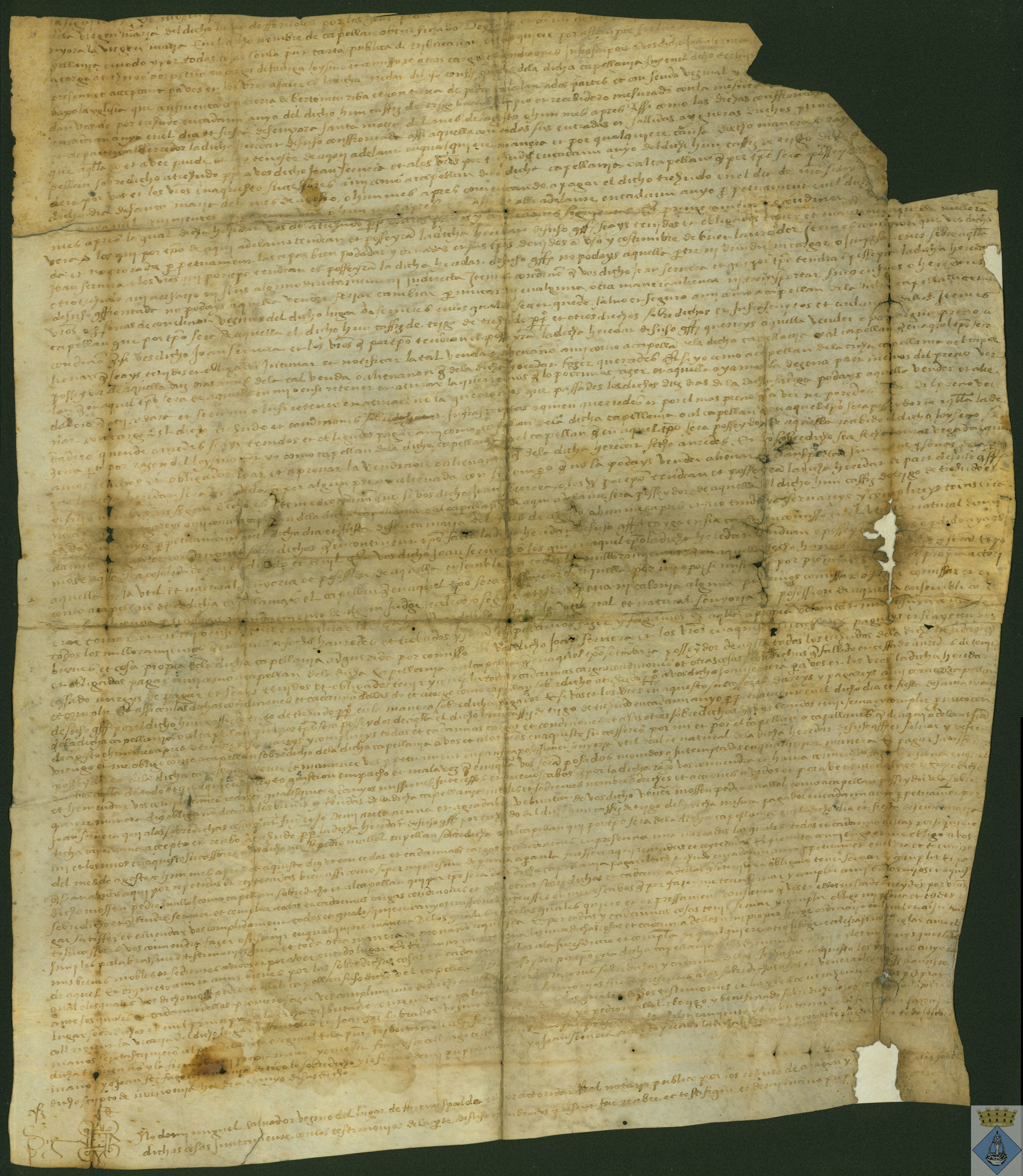 Carta de tributación que hace el capellán de la Iglesia Parroquial de Fórnoles, Pedro de Olliol, a Juan Sernero de un cahíz de trigo anual por la tierra que tiene de uso la capellanía