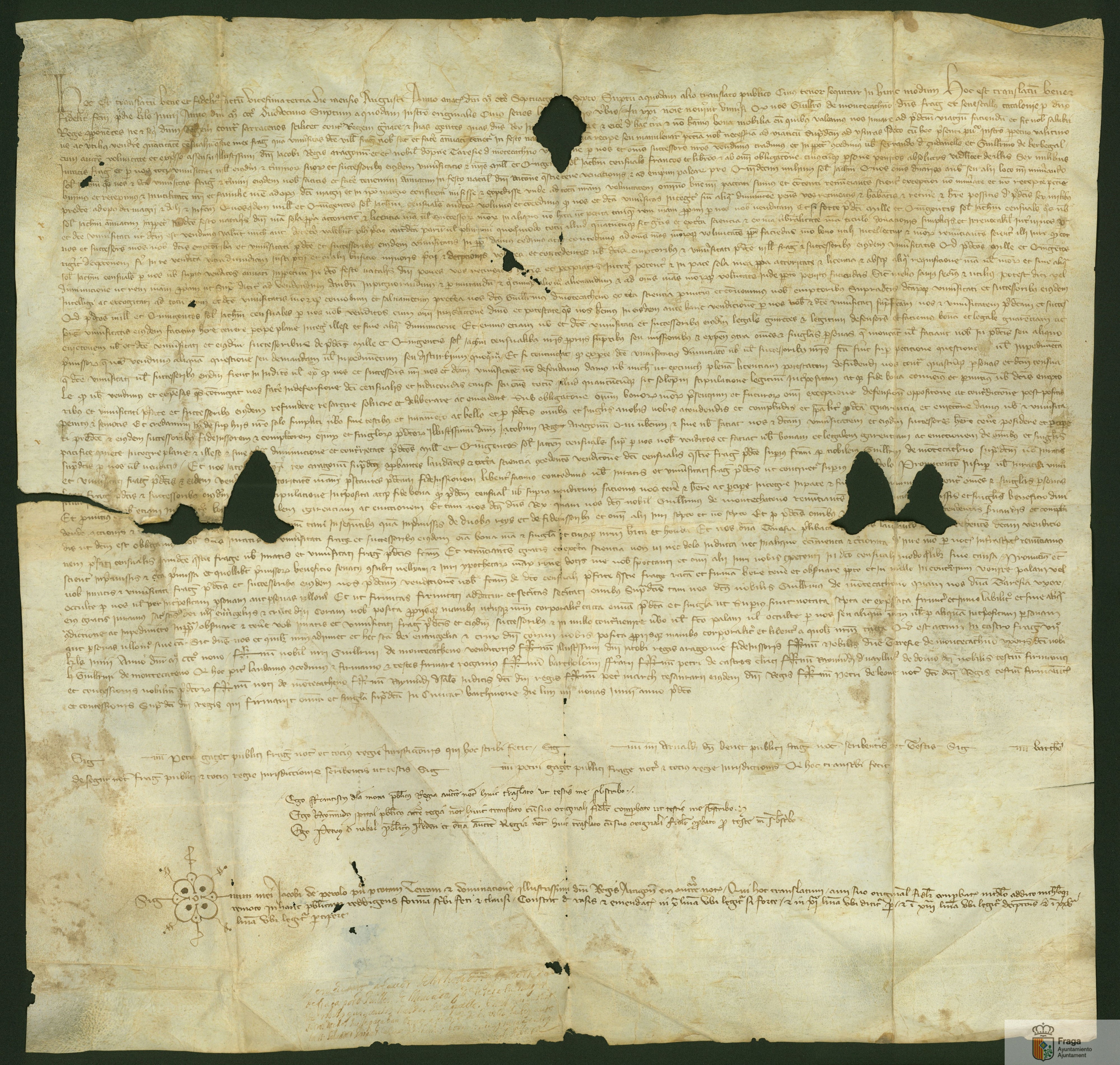 Guillermo de Moncada, puesto que quería partir a la guerra de Granada y no tenía recursos, vende al concejo de Fraga 1.500 sueldos jaqueses anuales de los 6.000 que éstos debían pagarle por rentas ordinarias (questias, cenas, caza, emprivos, etc.), por precio de 15.000 sueldos.