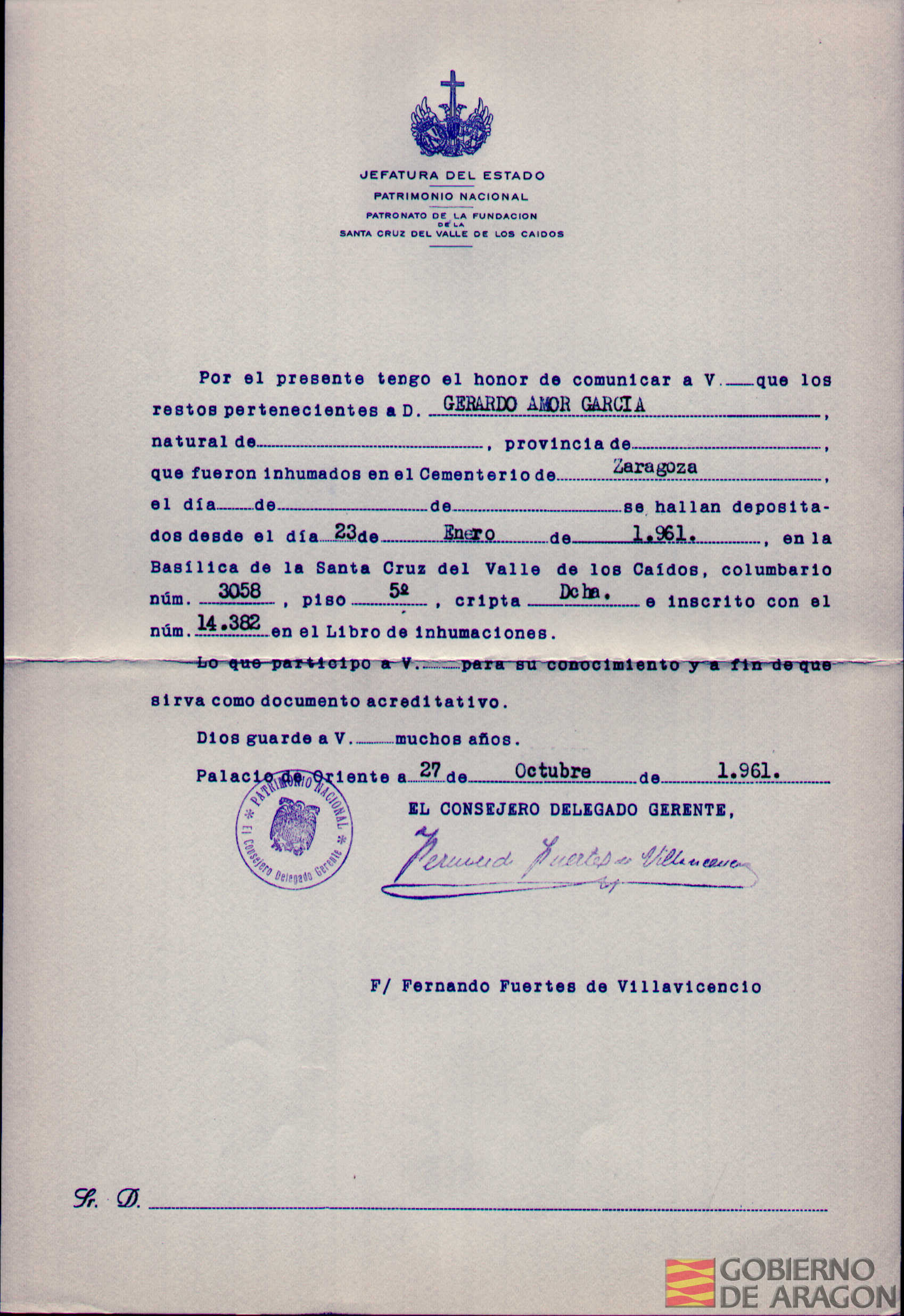Traslado al Valle de los Caídos de los restos mortales de Gerardo Amor García el día 23 de enero de 1961