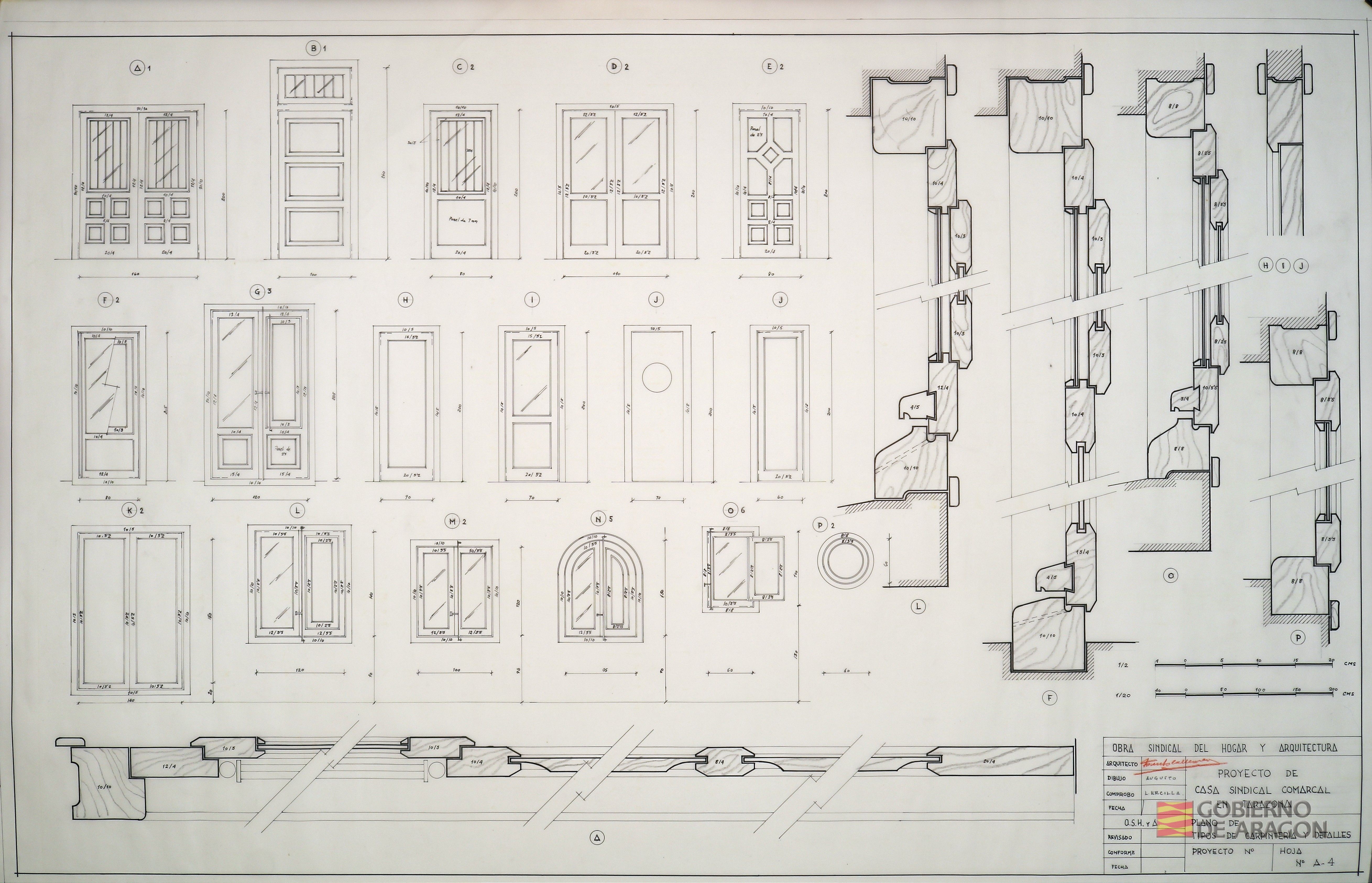 Proyecto de Casa Sindical Comarcal en Tarazona (Zaragoza).. Plano de tipos de carpintería y detalles. Arquitecto: Fausto García Marco; Dibujo: Augusto Marcuello; Comprobó: L. Ercilla
