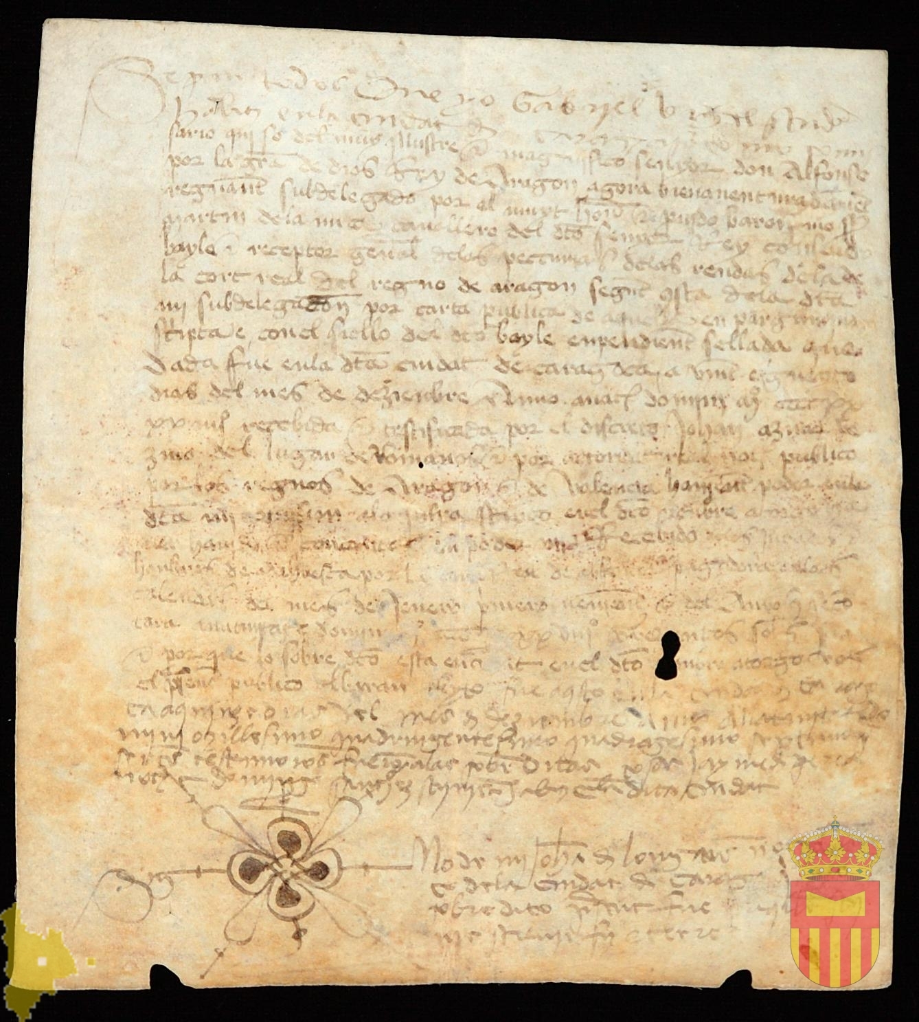 Albarán de Gabriel Bigre, comosario real, por el que afirma haber recibido del concello y jurados de Adahuesca trescientos sueldos jaqueses en concepto de cena