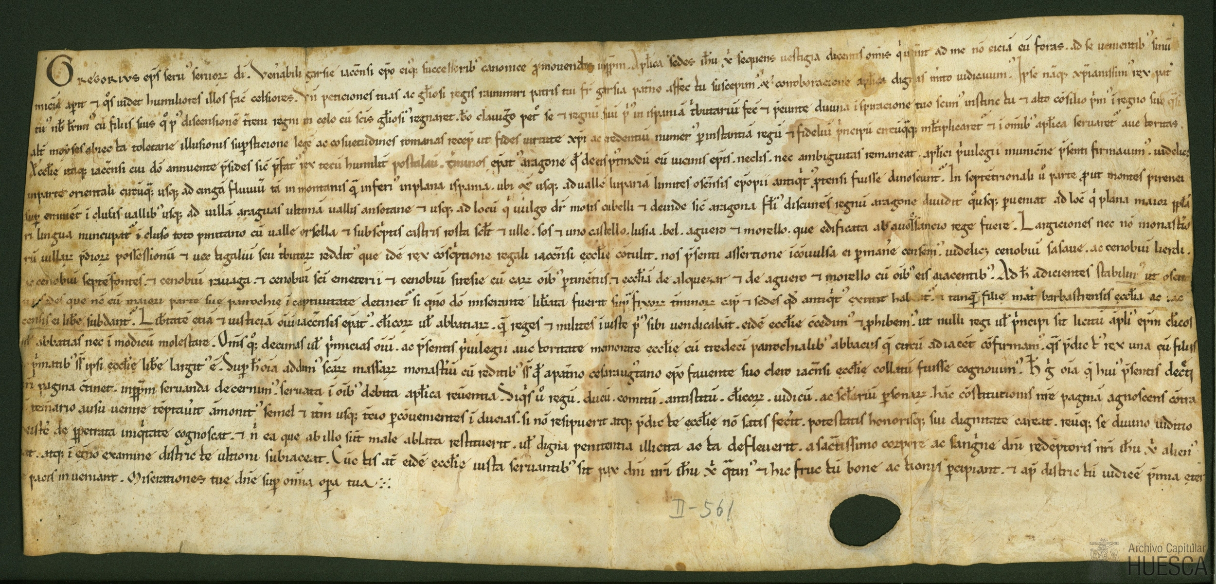 El papa Gregorio VII, a petición de Ramiro I de Aragón y de su hijo García, obispo de Jaca, señala los límites orientales y septentrionales de este obispado; confirma las donaciones de monasterios y otros bienes a la misma Iglesia; establece que la sede sea trasladada a Huesca cuando esta ciudad sea liberada de los árabes; concede que la justicia sobre clérigos sea ejercida por dicha Iglesia sin ingerencias de reyes y nobles; ratifica la donación de trece iglesias hecha por el mismo Ramiro I y la del monasterio de Santa Masas de Zaragoza por el obispo Paterno, a la Iglesia de Jaca