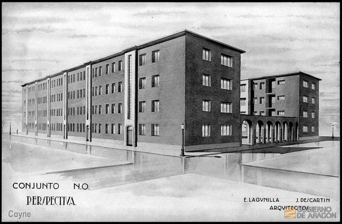 Dibujo de conjunto de bloques de viviendas firmados por José Descartín y Eduardo Lagunilla
