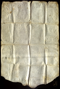 Juan de Mur, señor de Lapenilla, en cumplimiento del testamento de su padre Juan de Mur, vende a Macian Gili, caballero de Benabarre, un censal de 800 sueldos jaqueses anuales sobre el monasterio de San Victorián y sus hombres, por precio de 12.000 jaqueses