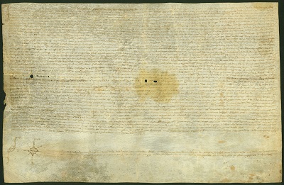 Anthona de Castro, viuda de Pedro Asín, Domingo de Asín y Caterina Giralt, cónyuges, todos ellos vecinos de Boltaña, venden a Pedro de Broto, infanzón vecino de Guaso, un campo con oliveras en la partida de San Sebastián de Boltaña