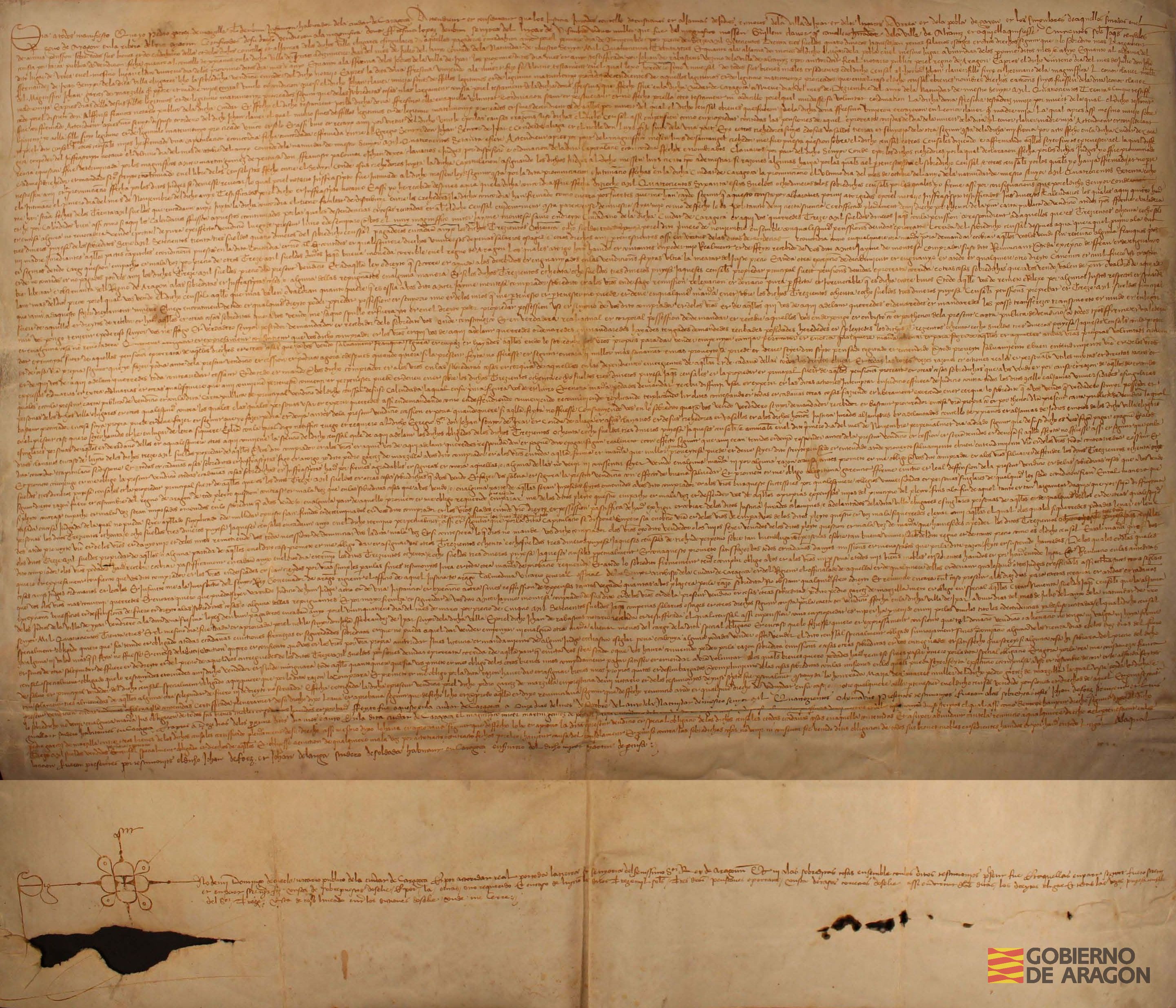 Venta de un censal, cargado sobre los bienes de Híjar, La Puebla de Híjar y Urrea de Gaén, otorgada por Pedro Garcés de Marcilla, alias de Embún, infanzón de Zaragoza, en favor de Jaime de Montesa, sabio en derecho, ciudadano de Zaragoza, por 13000 sueldos jaqueses. Ante Domingo de Cuerla, notario público de Zaragoza.