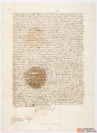 Fernando II escribe a Juan de Dicastillo y Blasco de Cervera, testamentarios de García de Zalduar, para informarles de que se les pagarían 500 sueldos como salario de la ejecución testamentaria, y que una vez pagado el dinero debían restituir una serie de objetos de plata al tesorero real Gabriel Sánchez