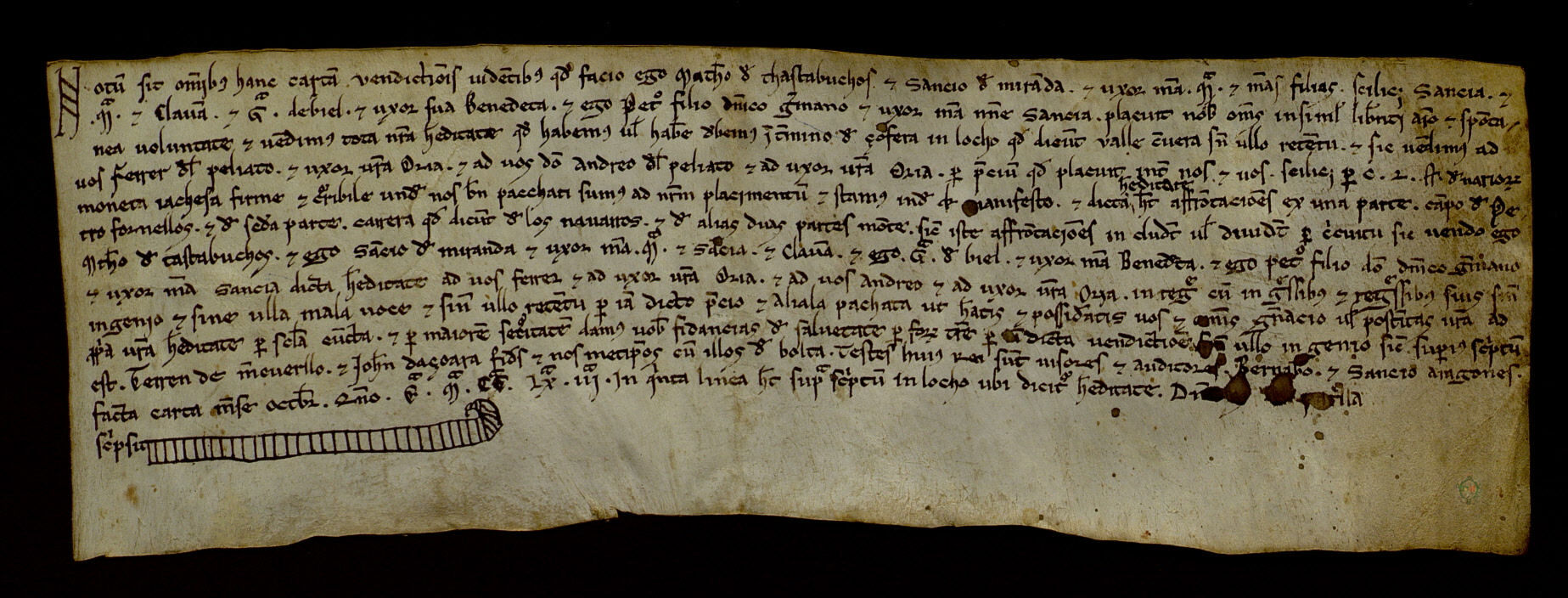 Martín de Cascabucos, Sancho de Miranda, Gimeno de Brel y Pedro, hijo de Domingo Jimeno, y sus respectivas esposas, venden a Ferrer del Peliato y su esposa las heredades que tienen en la partida del valle de Cervera, término de Zuera, por 150 sueldos jaqueses.