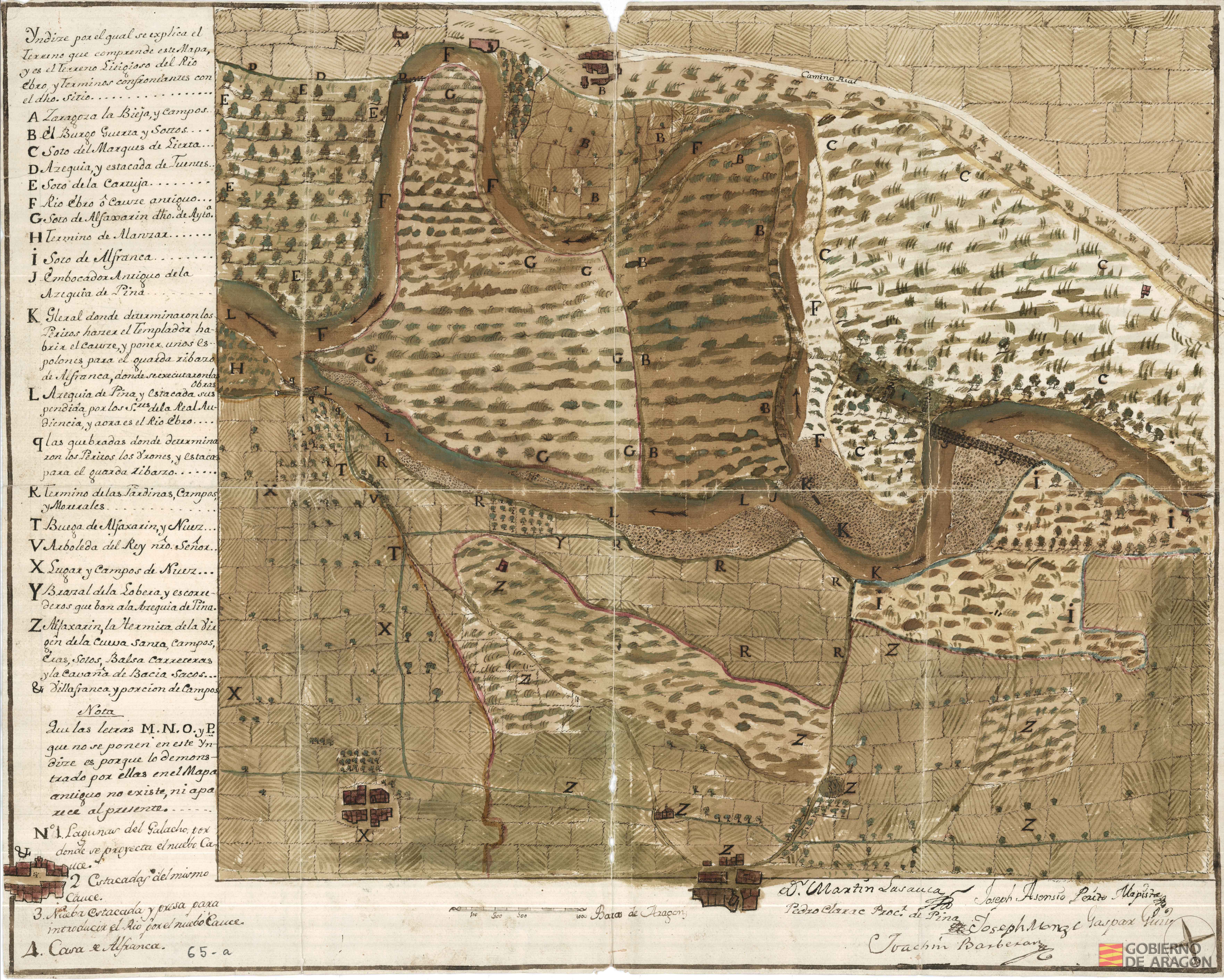 Mapa del río Ebro y términos confrontantes de Pina, Alfajarín, Nuez y Villafranca. Firmado por Joseph Asensio, perito mapista. Ebro, río