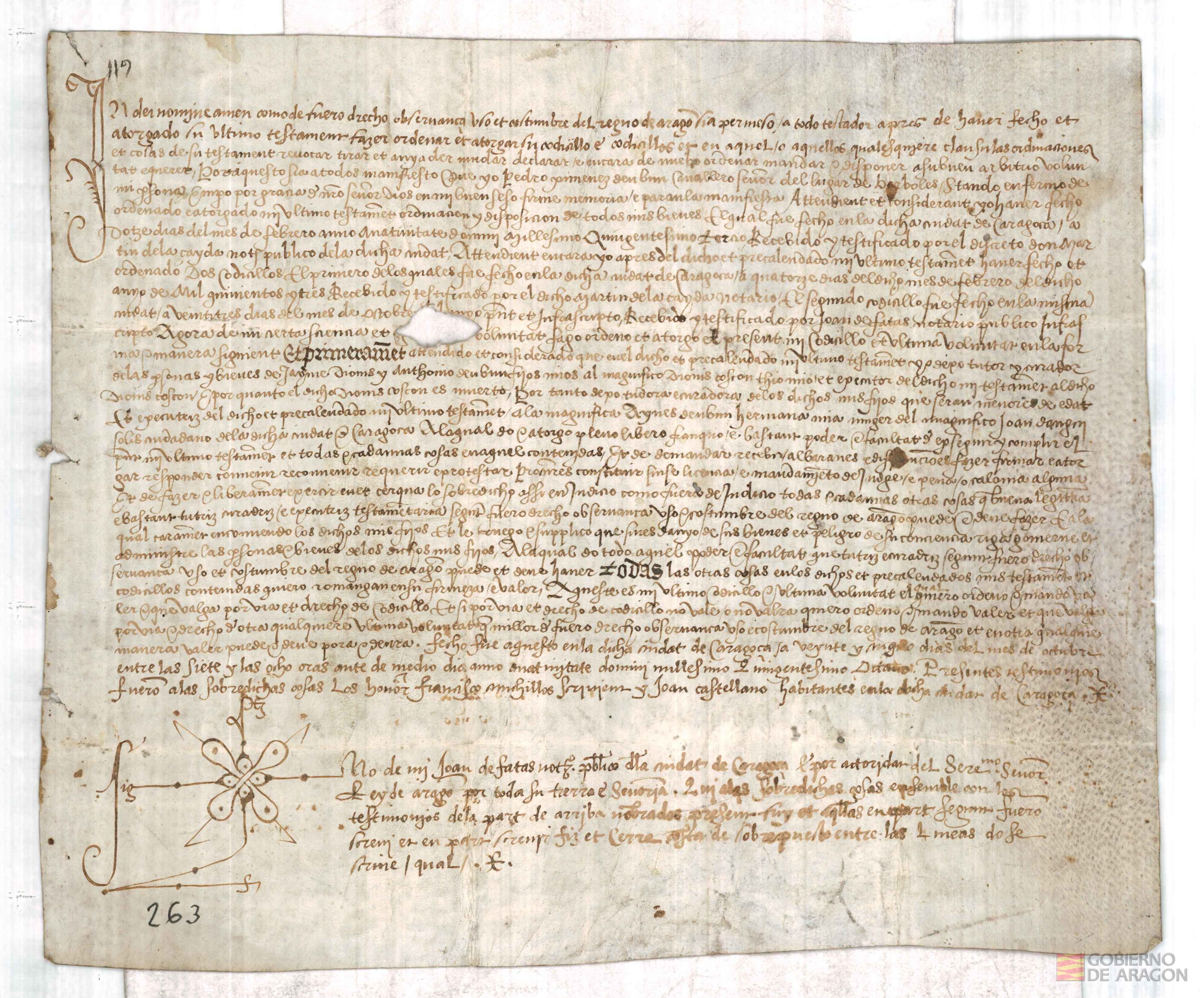 Codicilo de Pedro Ximénez de Embún, ,señor del lugar de Bárboles, por el que revoca el nombramiento de su tío, Dionis de Coscón, ya fallecido, como tutor de sus hijos menores, Jaime, Dionis y Antonio de Embún, y nombra en su lugar a su hermana, Inés de Embún, mujer de Juan de Anguisolis, ciudadano de Zaragoza