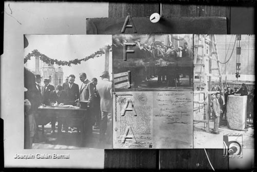 Collage con fotografías y documentos sobre la puesta de la primera piedra del edificio de la Delegación de Hacienda. Joaquín Galán Bernal. Huesca