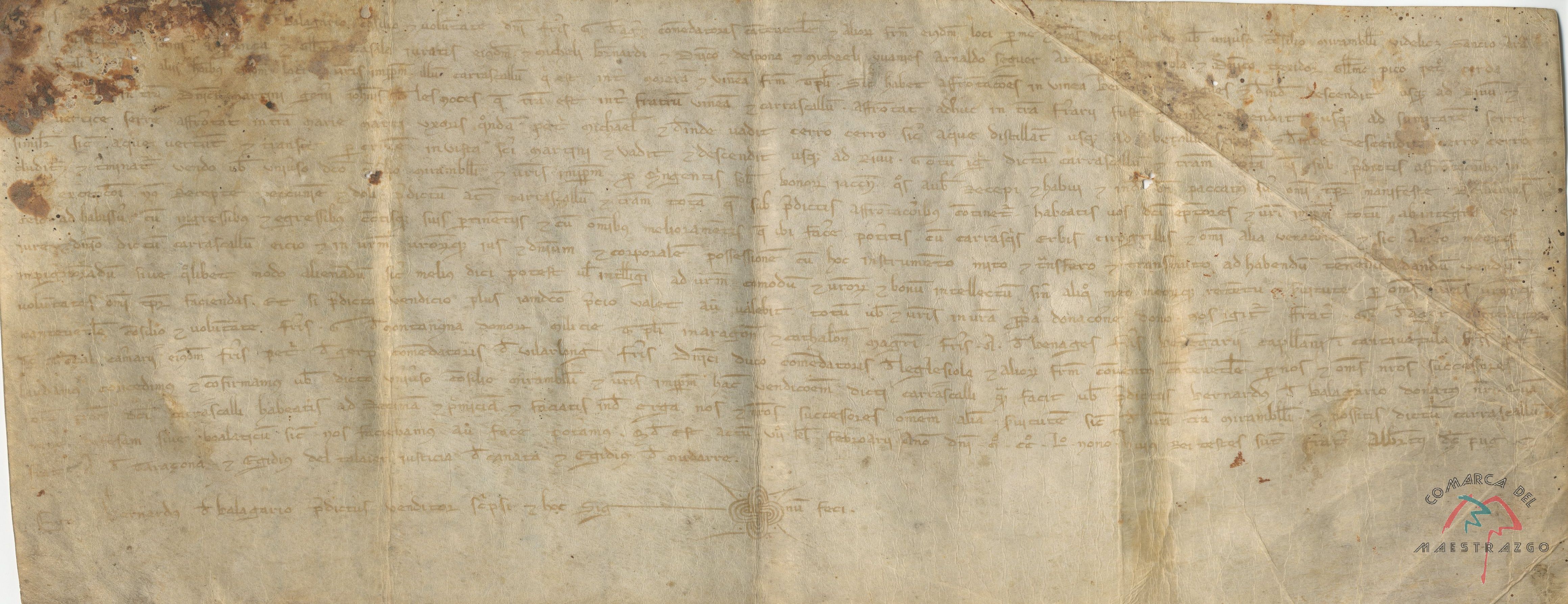 Escritura de venta del Carrascal situado entre la Morera y una viña de la Orden del Temple, hecha en 1259 por Bernardo Balaguer, notario, con autorización del comendador de Cantavieja al Concejo de Mirambel