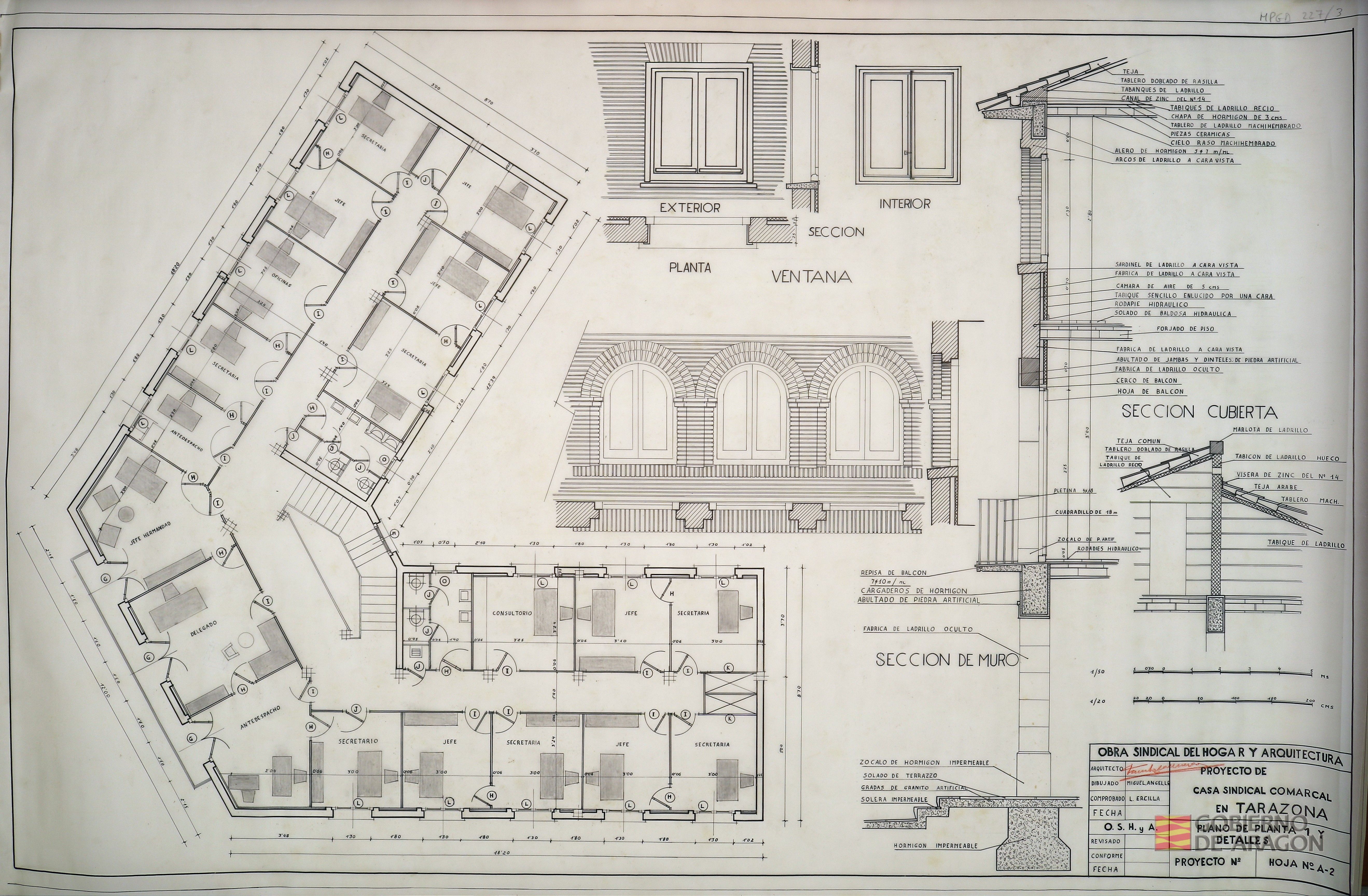 Proyecto de Casa Sindical Comarcal en Tarazona (Zaragoza).. Plano de planta 1 y detalles. Arquitecto: Fausto García Marco; Dibujo: Miguel Ángel López Redondo; Comprobó: L. Ercilla