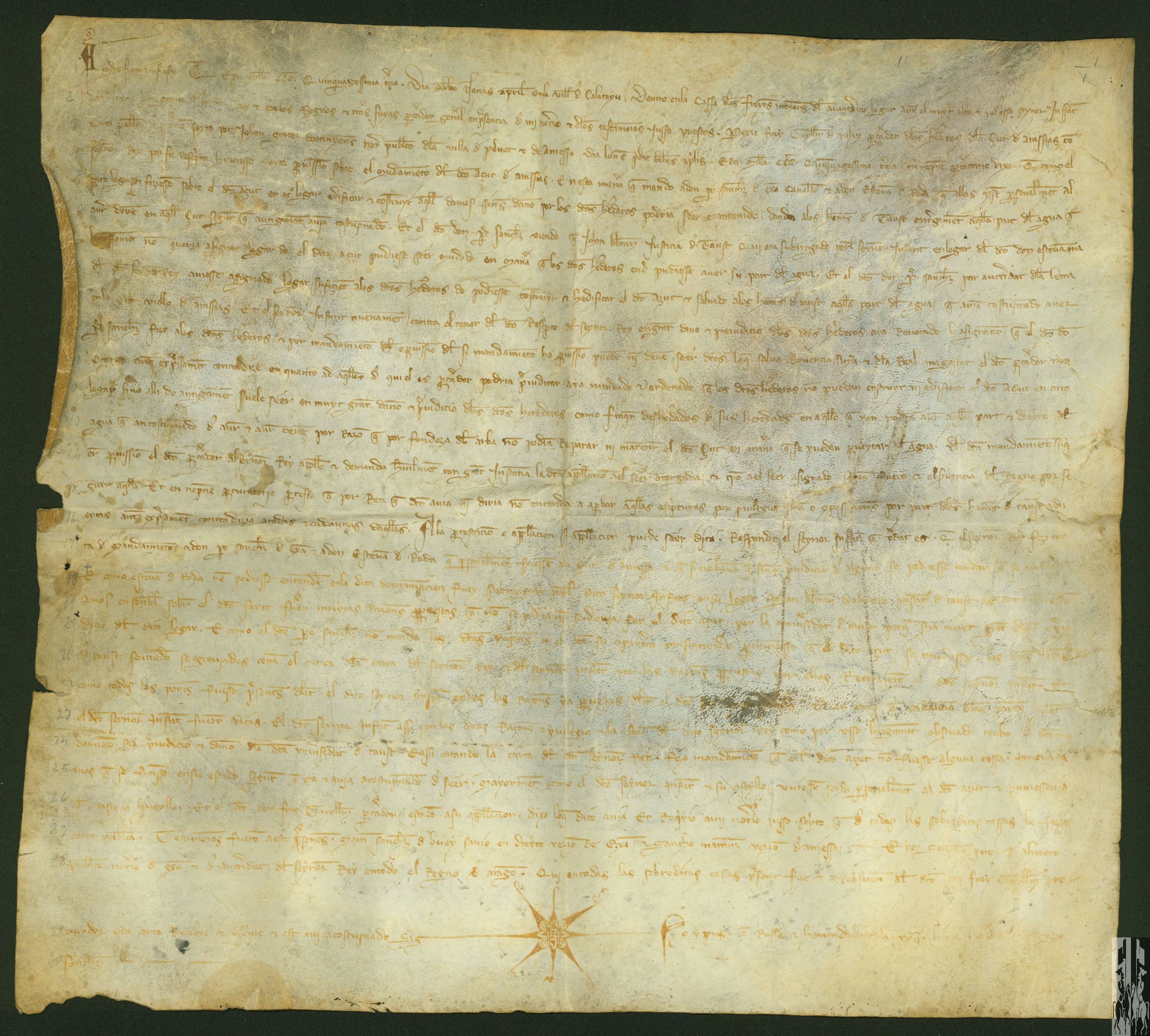 Comparecencia ante el infante Jaime de un representante de los herederos del azud de Arasias (cerca de Añesa y Pilué) para que se permita construir un nuevo azud, pero el infante no lo permite por la queja de los de Tauste.