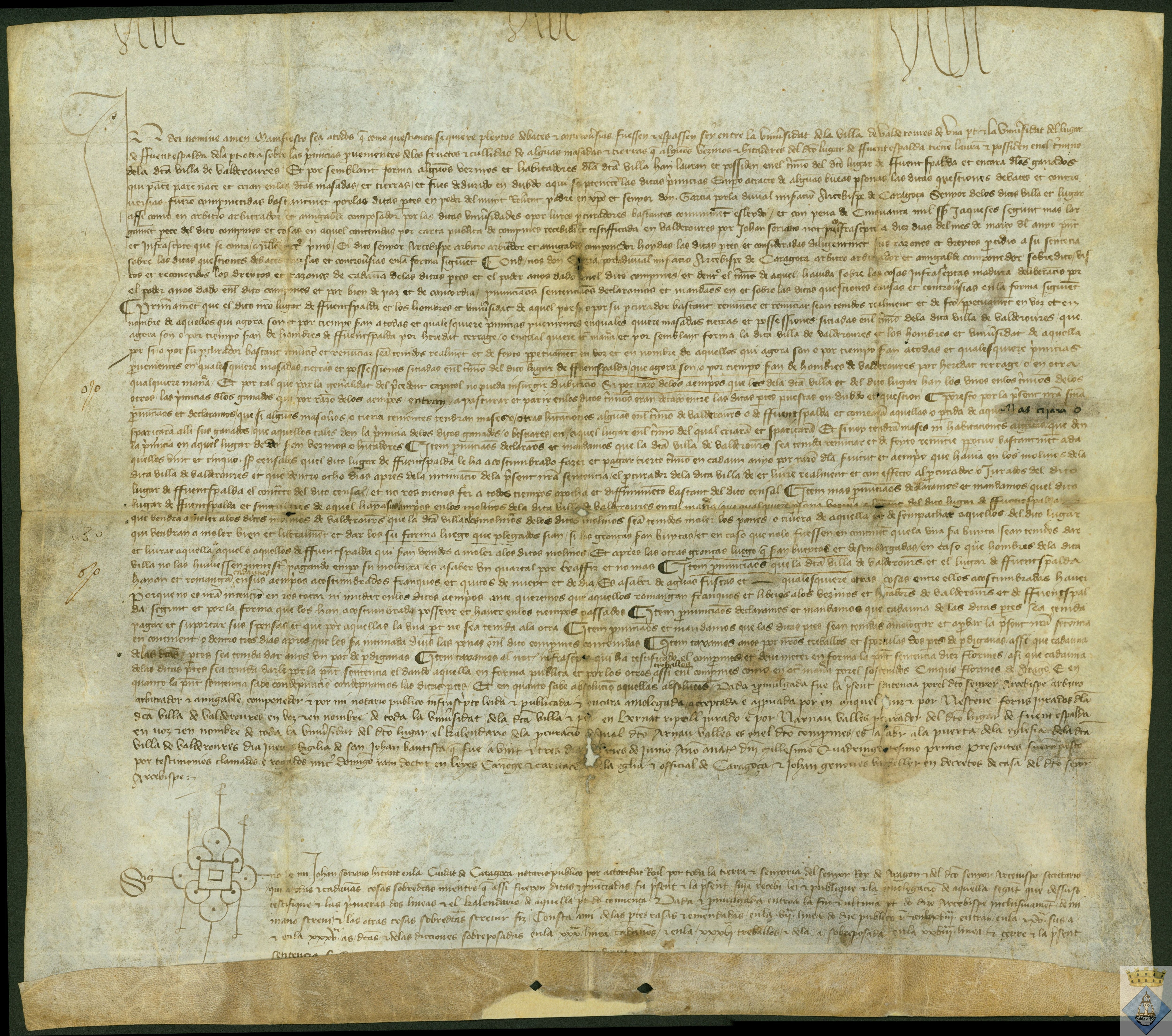 Sentencia dada por Don García, Arzobispo de Zaragoza, a los pleitos, debates y controversias entre Fuentespalda y Valderrobres sobre las primicias de las masadas y los molinos