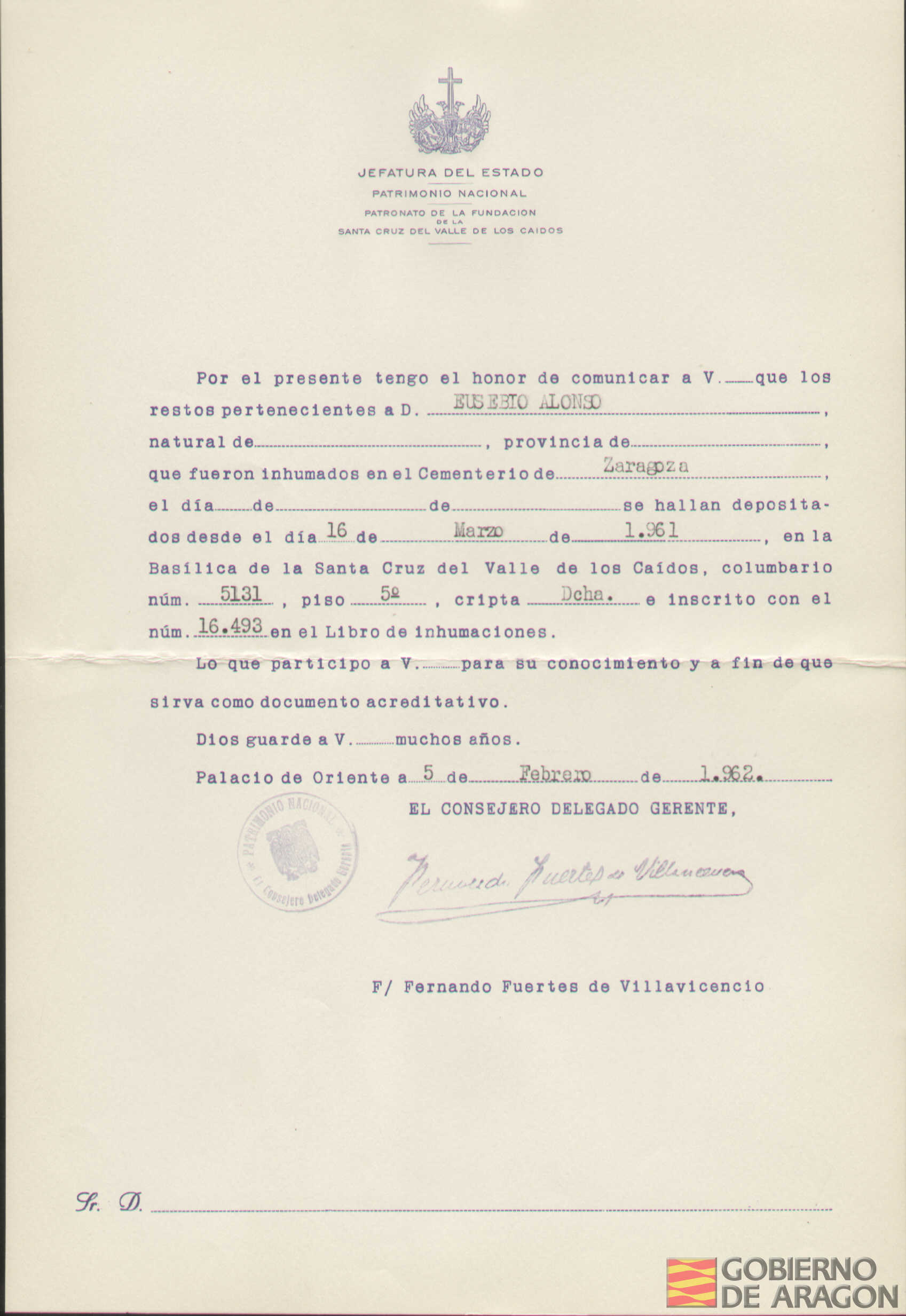 Traslado al Valle de los Caídos de los restos mortales de Eusebio Alonso el día 16 de marzo de 1961