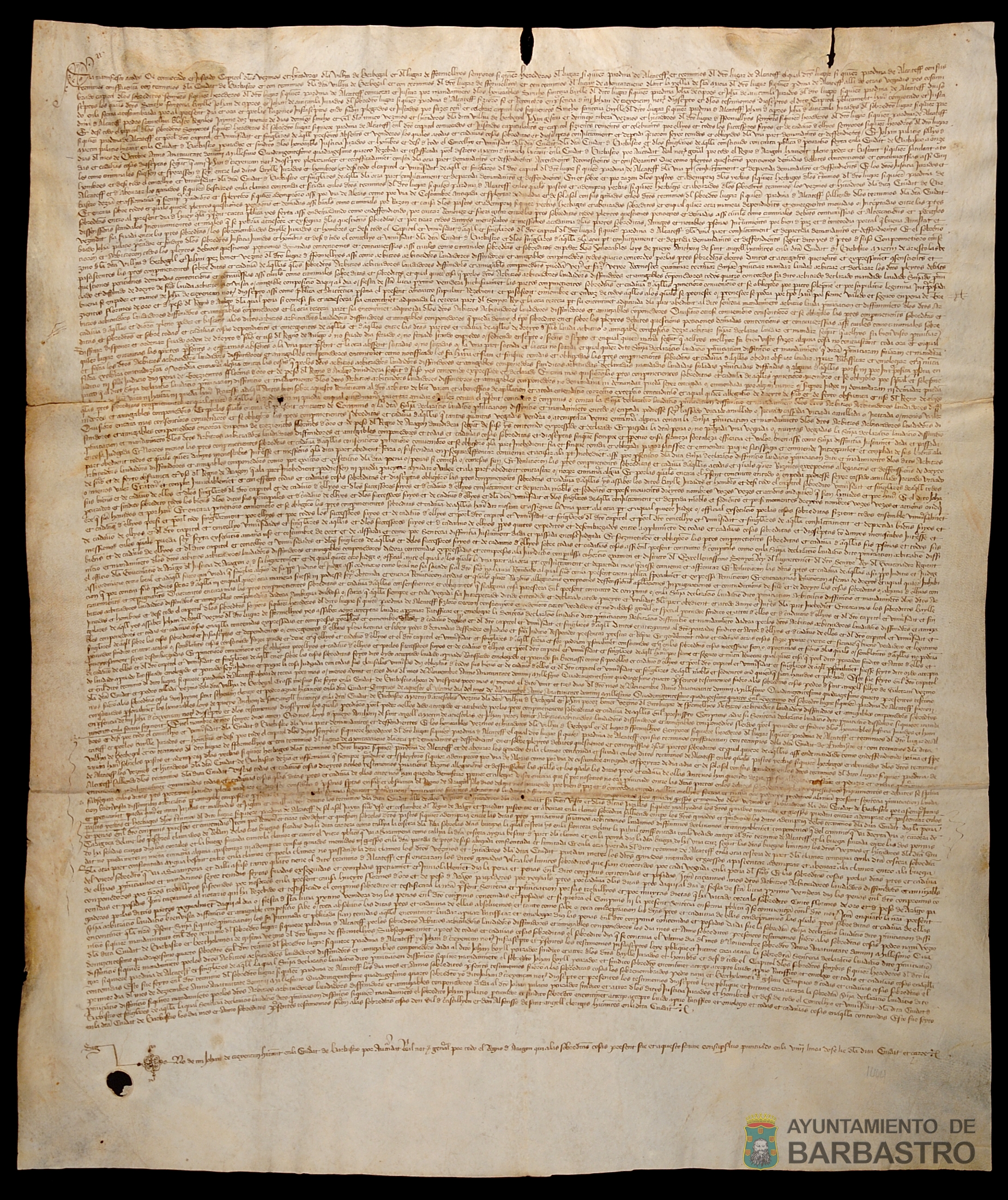 Compromiso y sentencia de los arbitradores nombrados por Barbastro, Berbegal, Fornillos y Montarruevo, acerca de los ademprios y clamor de la pardina de Alcatef donde pueden pacer y abrevar los ganados de Barbastro