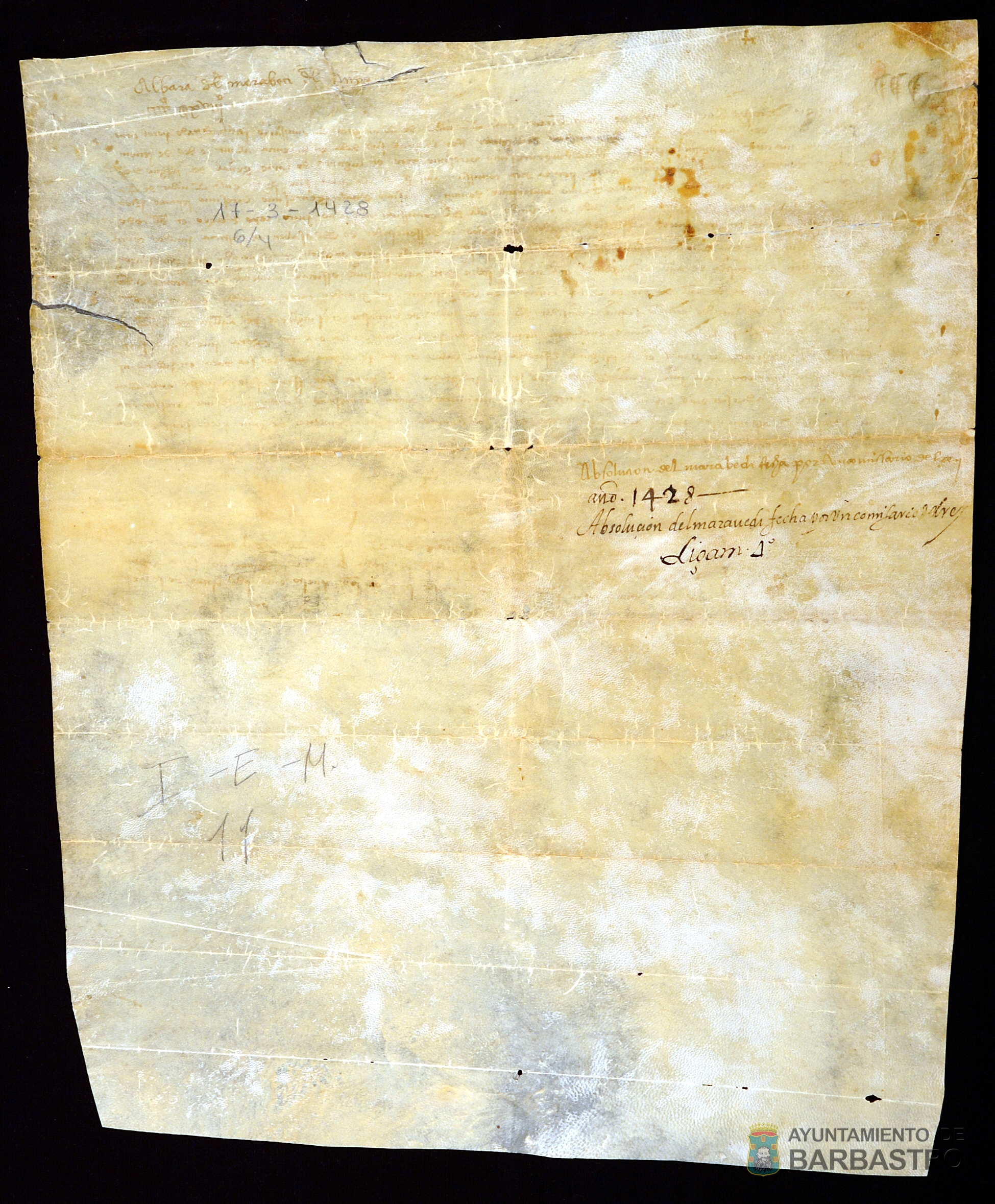 Johan de Seron, comisario subdelegado de Martin Diez de Aux, comisario del rey de Aragon, absuelve al justicia, jurados, concejo y universidad de la ciudad de Barbastro de todo pleito, cuestion y demanda por razon del maravedi.
