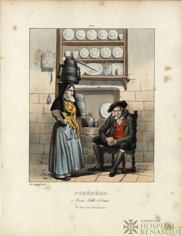 "Nº 6. Pyrénées. À Louvi, Vallée d'Ossau. Ed. Pingret, 1834. Paris, Gihaut Frères, Boul. Des Italiens, 5."
