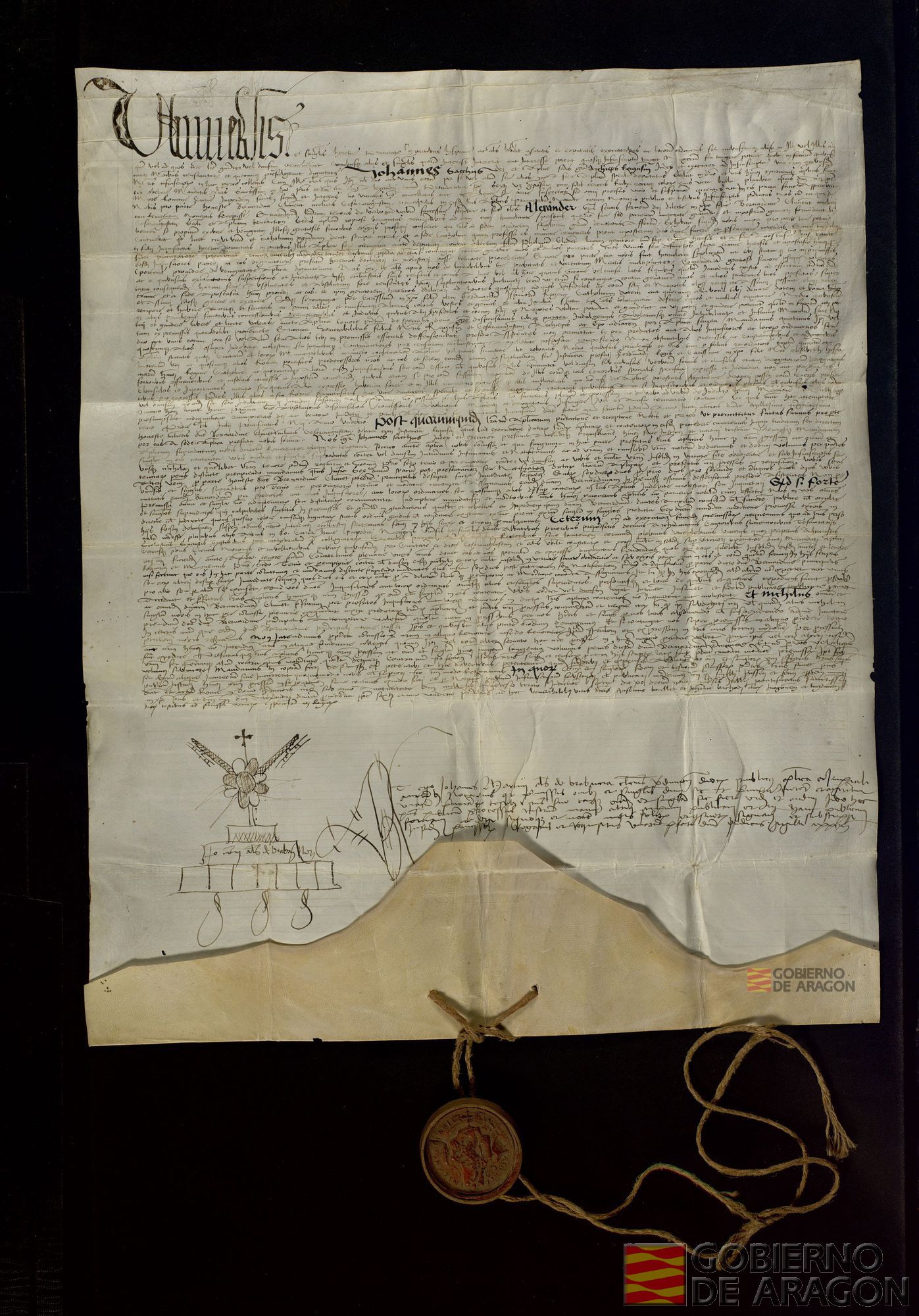 Letra citatoria de Giovanni Sacco, arzobispo de Dubrovnik, a instancia del papa Alejandro IV, relativa a la dote de Bernardina Climent, habitante en Zaragoza, afectada por el procesamiento de su padre Felipe Climent por la Santa Inquisición.