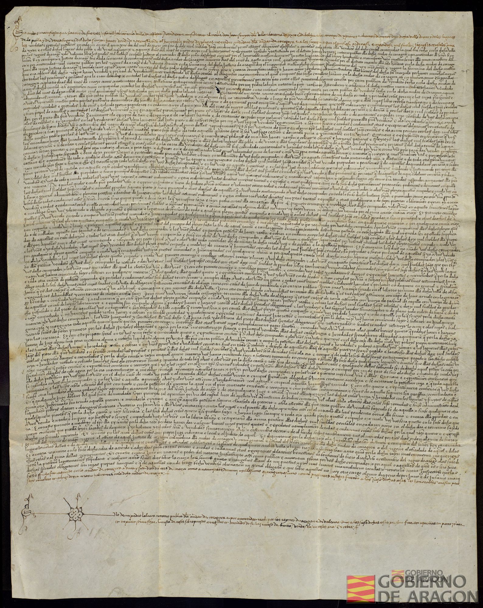Juan, señor de Híjar, y los concejos de Híjar, La Puebla de Híjar y Urrea de Gaén venden un censal de 1.000 sueldos jaqueses anuales a Pedro de Esplugues, mercader y ciudadano de Zaragoza, por 12.000 sueldos jaqueses