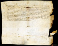 Privilegio de la reina doña María por el que perdona y absuelve de toda acusación a Sancho Martínez y Martín Fernández, mercaderes de Ojos Negros, acusados de fabricación de moneda falsa