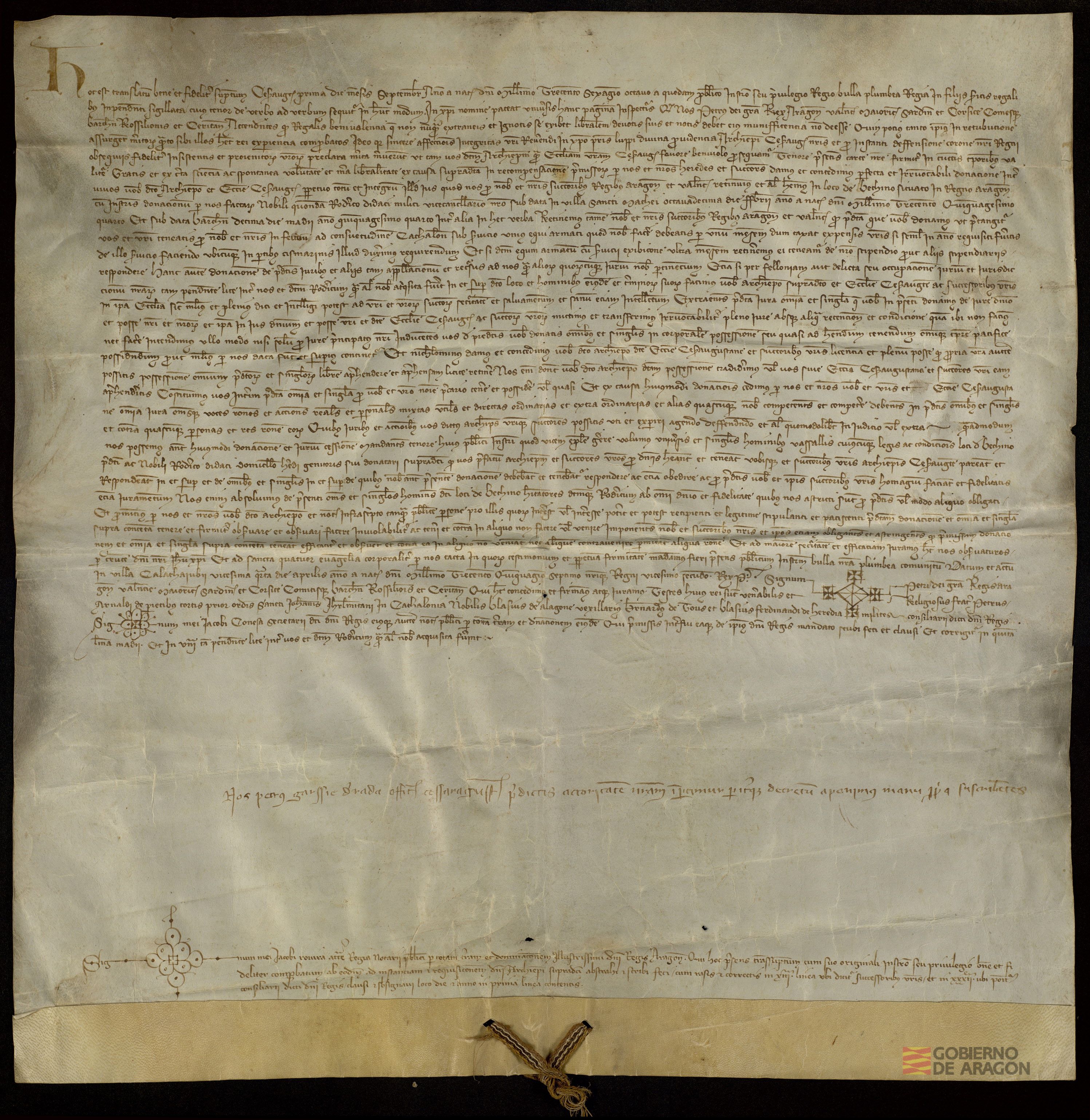 Pedro IV, rey de Aragón, cede a Lope Fernández de Luna, arzobispo de Zaragoza, todo el derecho que le conservaba en el castillo y pueblo de Betxi, en recompensa por su ayuda en la defensa de la Corona.