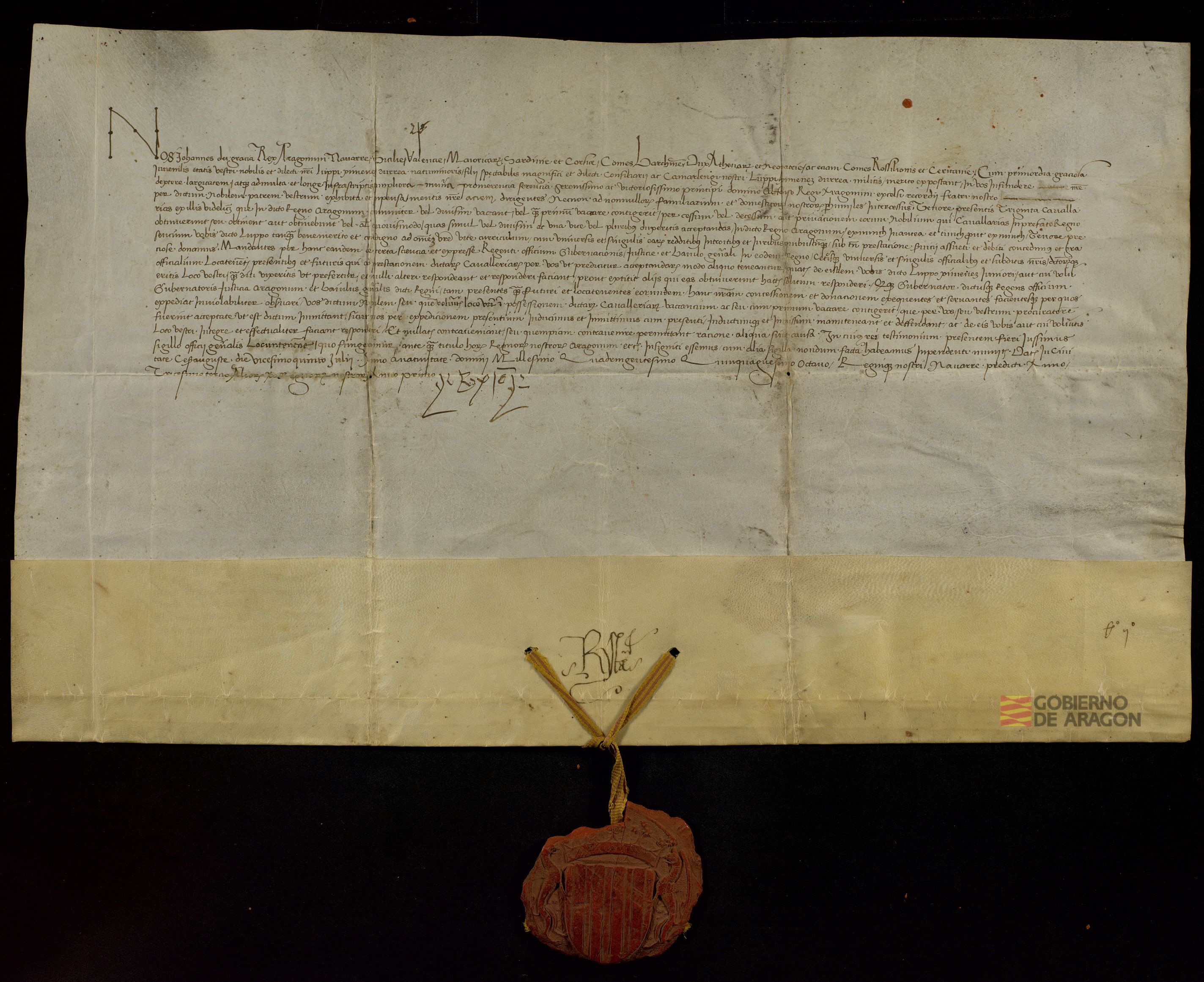 Juan II, rey de Aragón, concede treinta caballerías sobre las rentas reales de Aragón a Juan Jiménez de Urrea, hijo del camarlengo real Juan Jiménez de Urrea