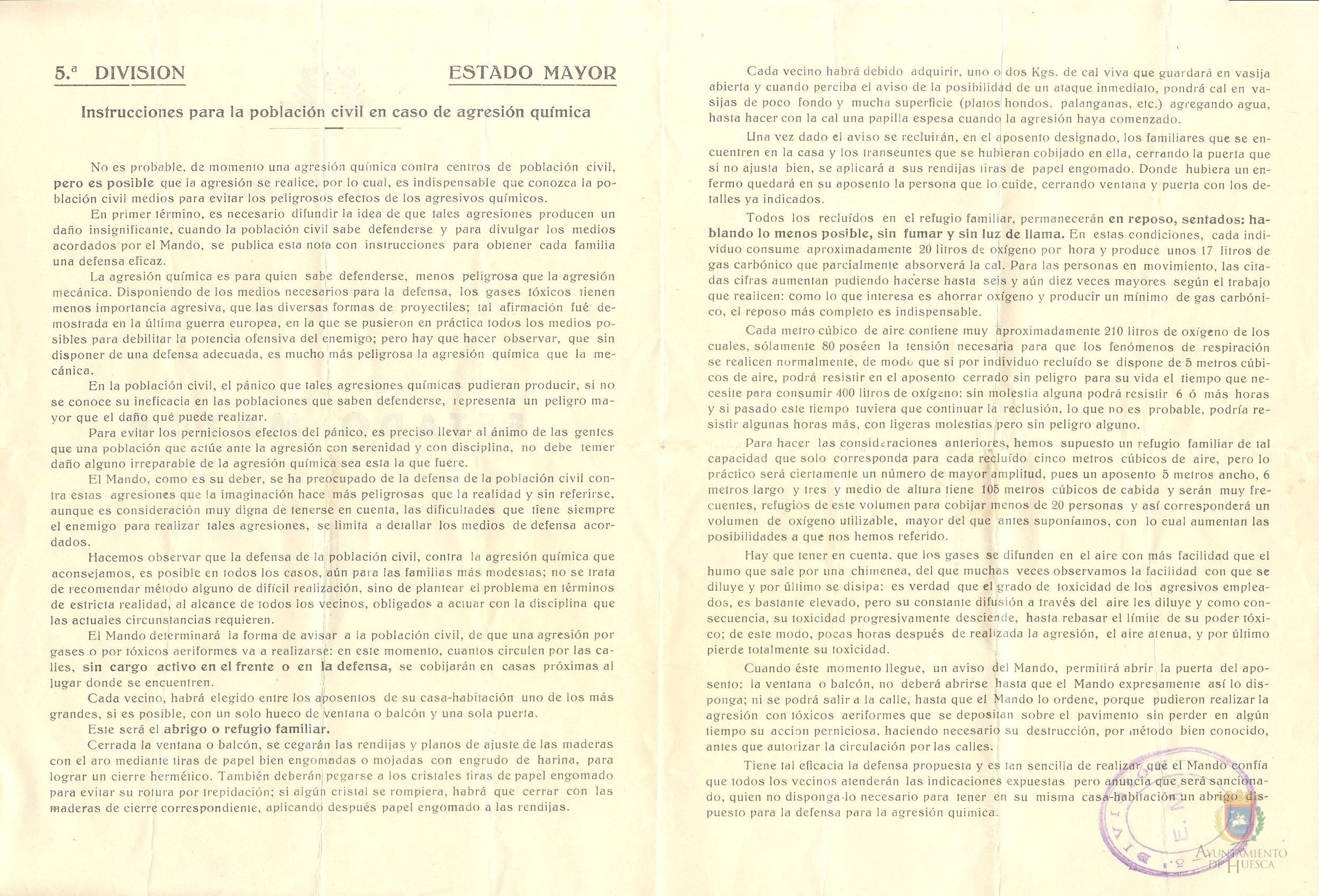 "Instrucciones para la población civil en caso de agresión química". Quinta división. Estado Mayor