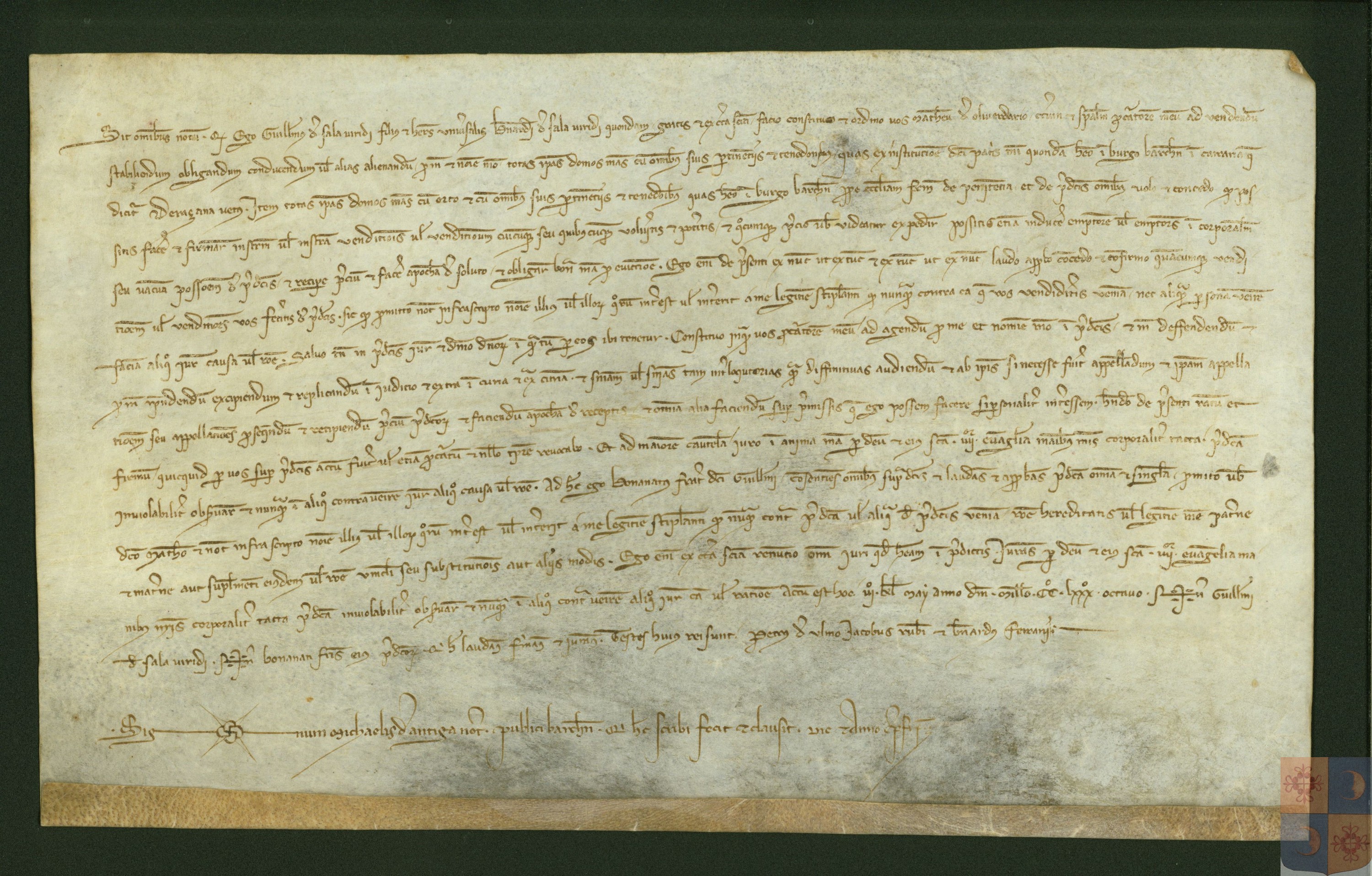 Carta de procura otorgada por Guillermo de Salavert a favor de Mateo Oliverdari para la venta de ciertas casas de su propiedad en Barcelona