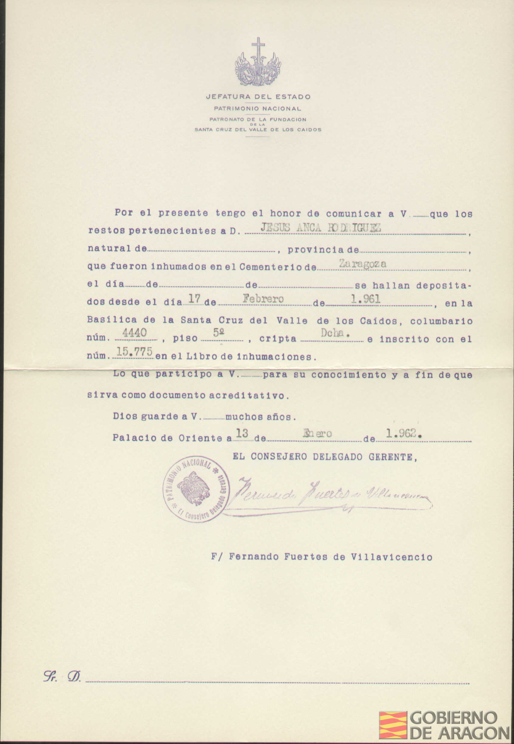 Traslado al Valle de los Caídos de los restos mortales de Jesús Anca Rodríguez el día 17 de febrero de 1961