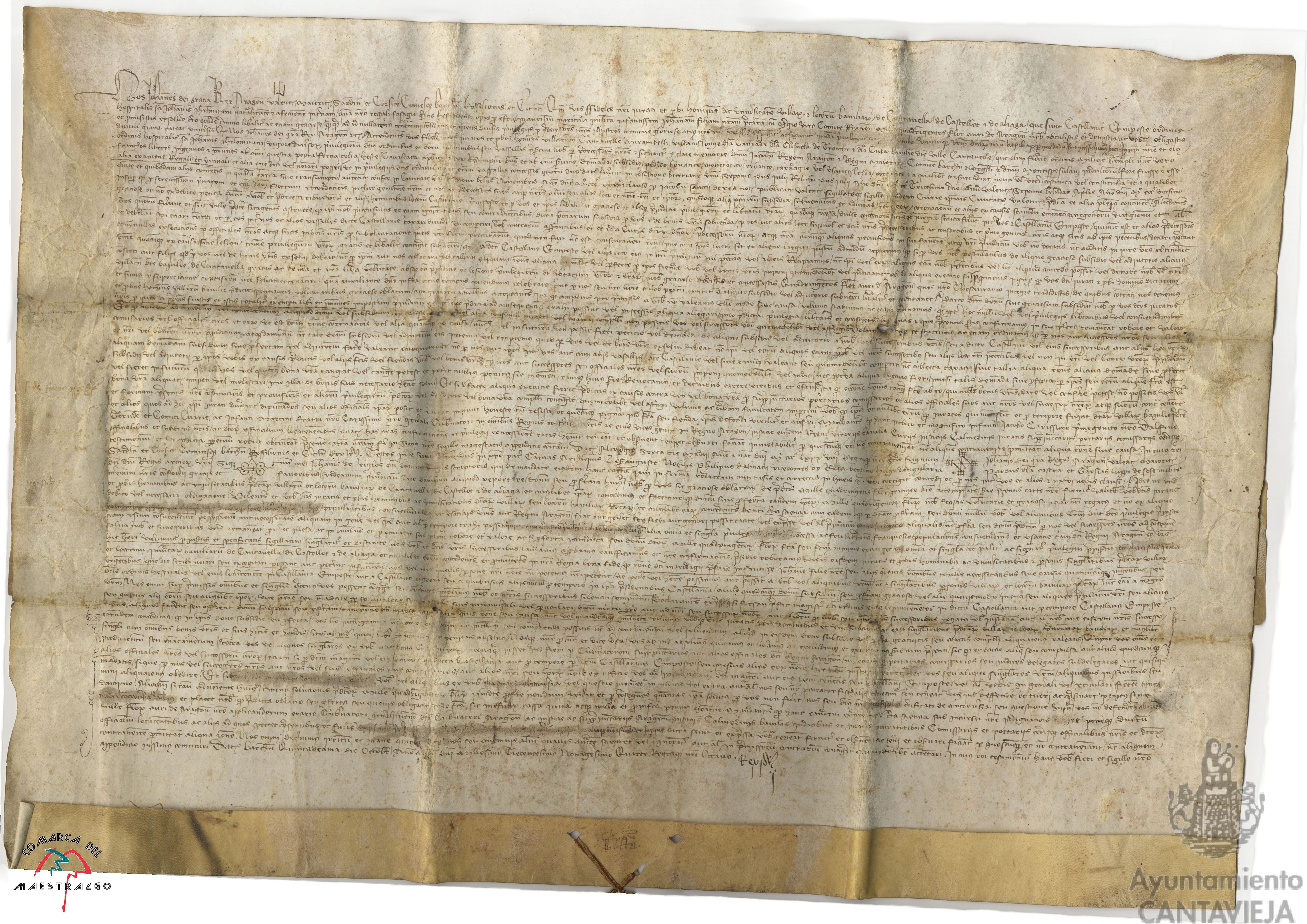 Privilegio del Rey Juan por el que hace exentas a las bailías de Cantavieja, Castellote y Aliaga, del pago de derechos de coronación y maridaje de las hijas del Rey, a que estaban obligadas las baillías