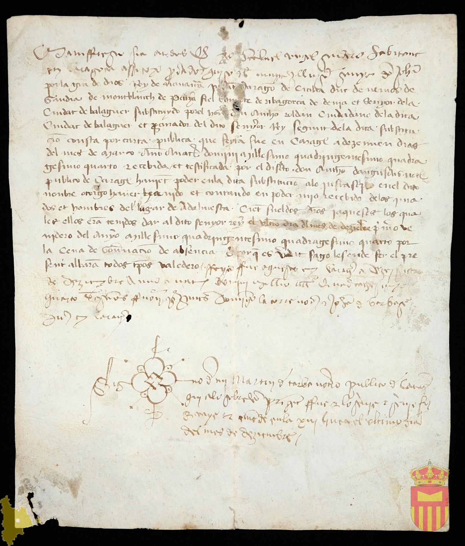 Albarán de Gabriel Congel, Comisario Real, por el que afirma haber recibido del concello y jurados de Adahuesca mil sueldos jaqueses en concepto de pensión de gobernación.