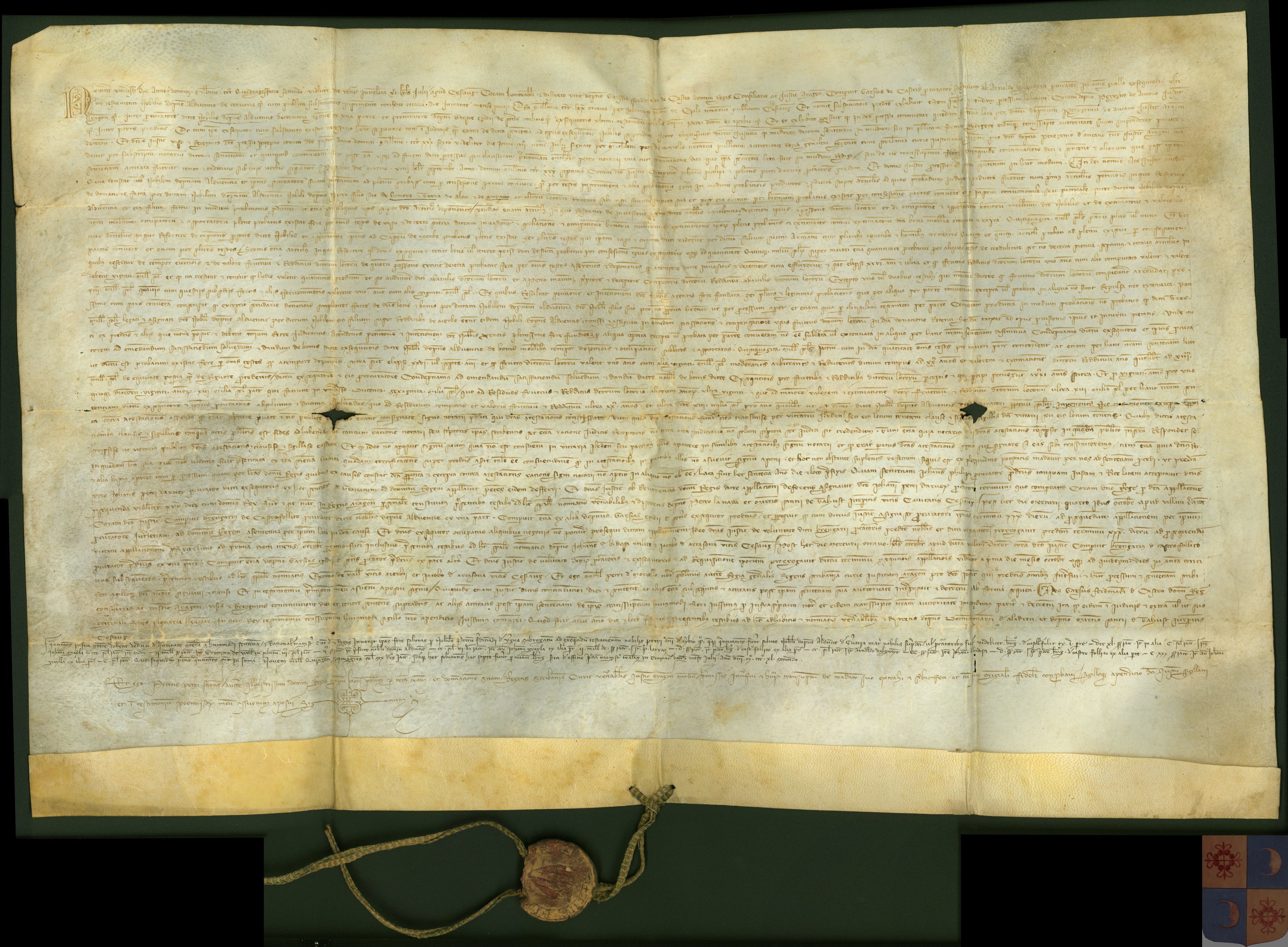 Trasumpto autorizado de la sentencia arbitral entre los ejecutores del testamento de Aldonza de Cervera y los ejecutores del testamento de Pedro, señor de Ayerbe