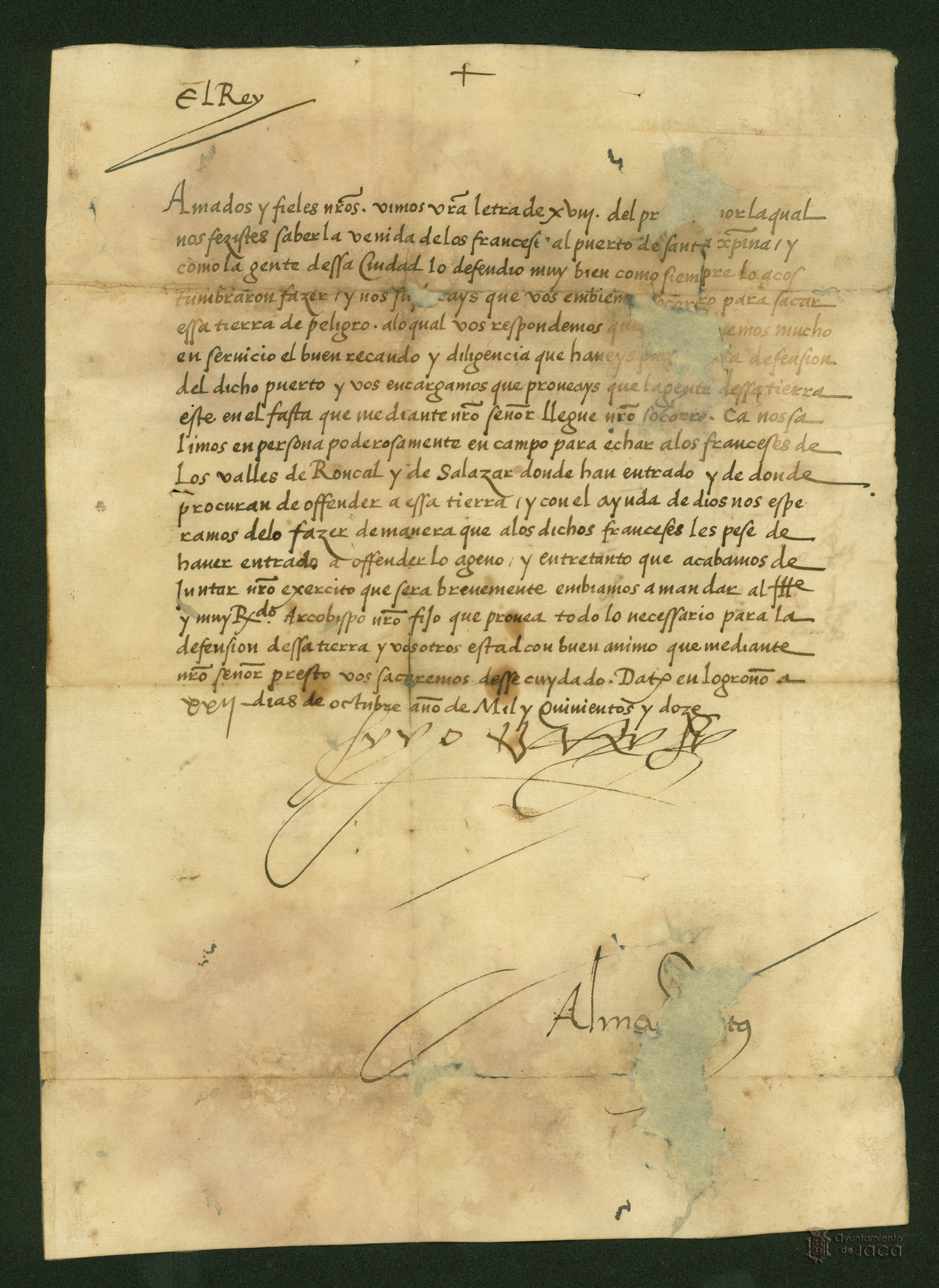 El rey Fernando II comunica que va a disponer lo necesario para que la ciudad de Jaca se pueda defender del ataque de los franceses por el puerto de Santa Cristina.