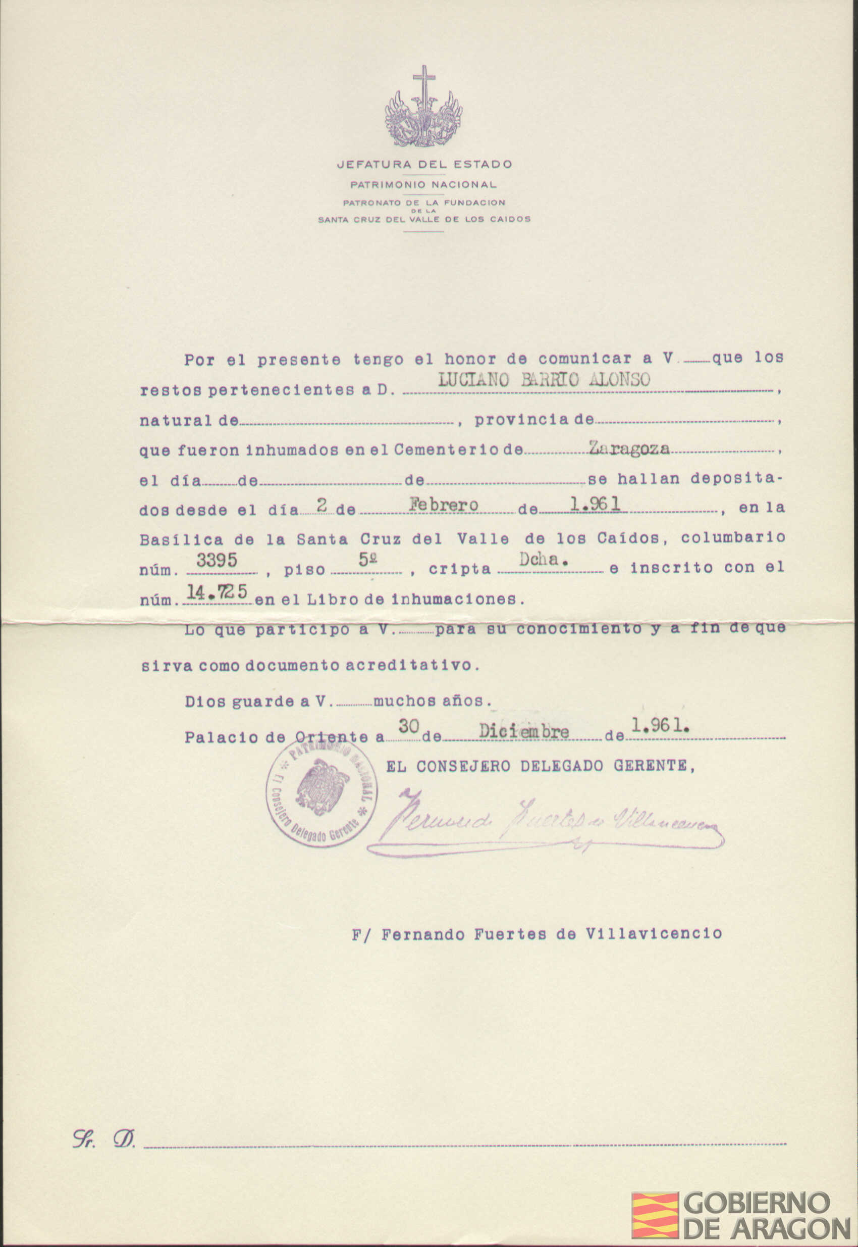 Traslado al Valle de los Caídos de los restos mortales de Luciano Barrio Alonso el día 2 de febrero de 1961