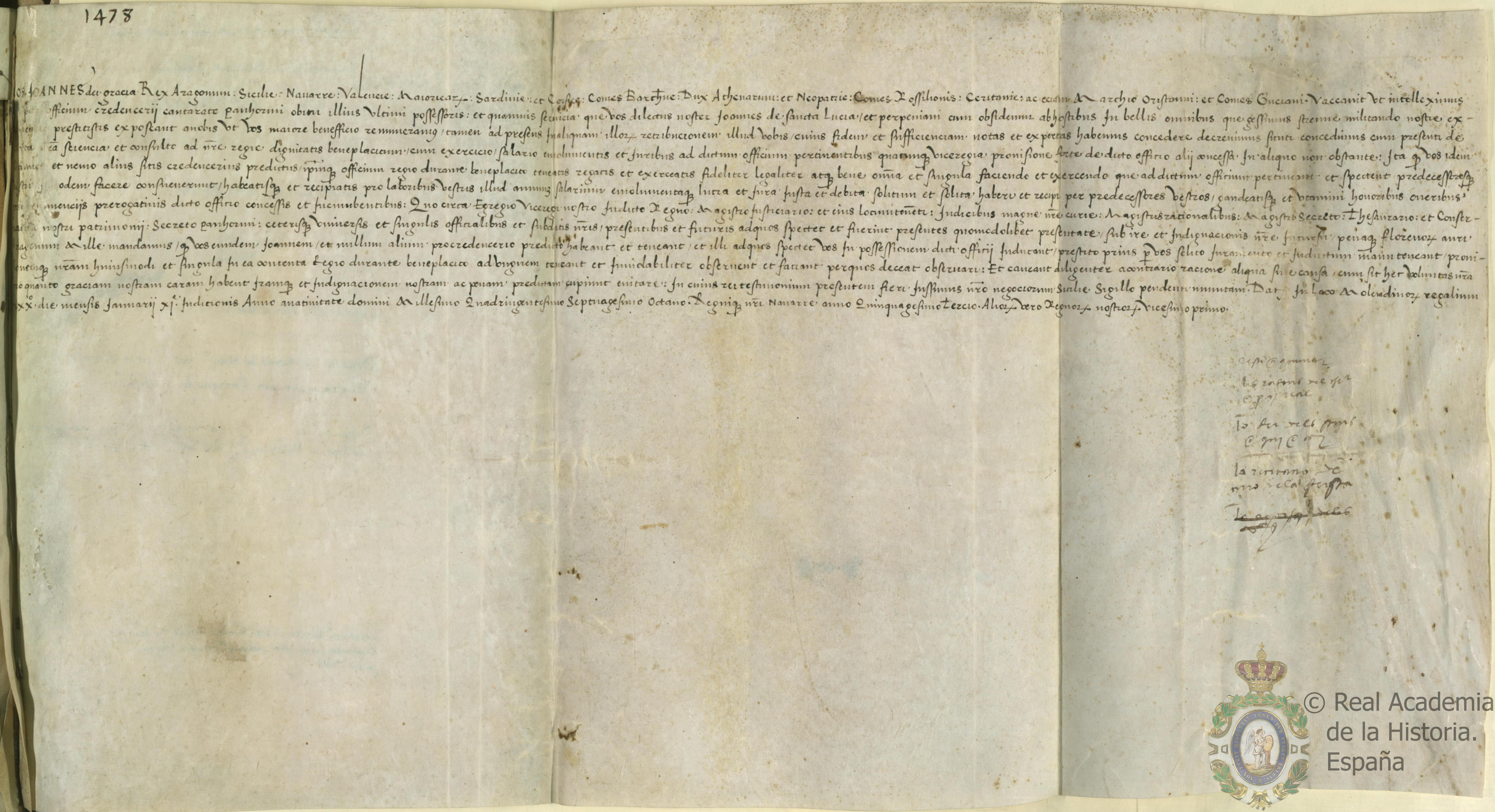 Juan II, rey de Aragón, adjudica a Juan de Santa Lucía el cargo de ¿credencerii cantarate¿ de Palermo, con todos sus derechos y prerrogativas, por muerte del anterior titular