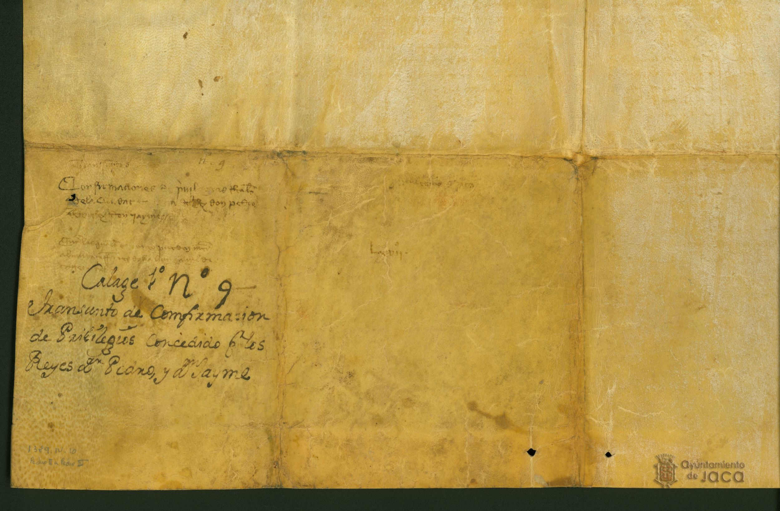 Juan de Esa, justicia de Jaca, ordena y confirma a los hombres de Jaca la copia de cuatro privilegios reales otorgados en el siglo XIII, para conservar los originales fuera de peligro de pérdida o destrucción.