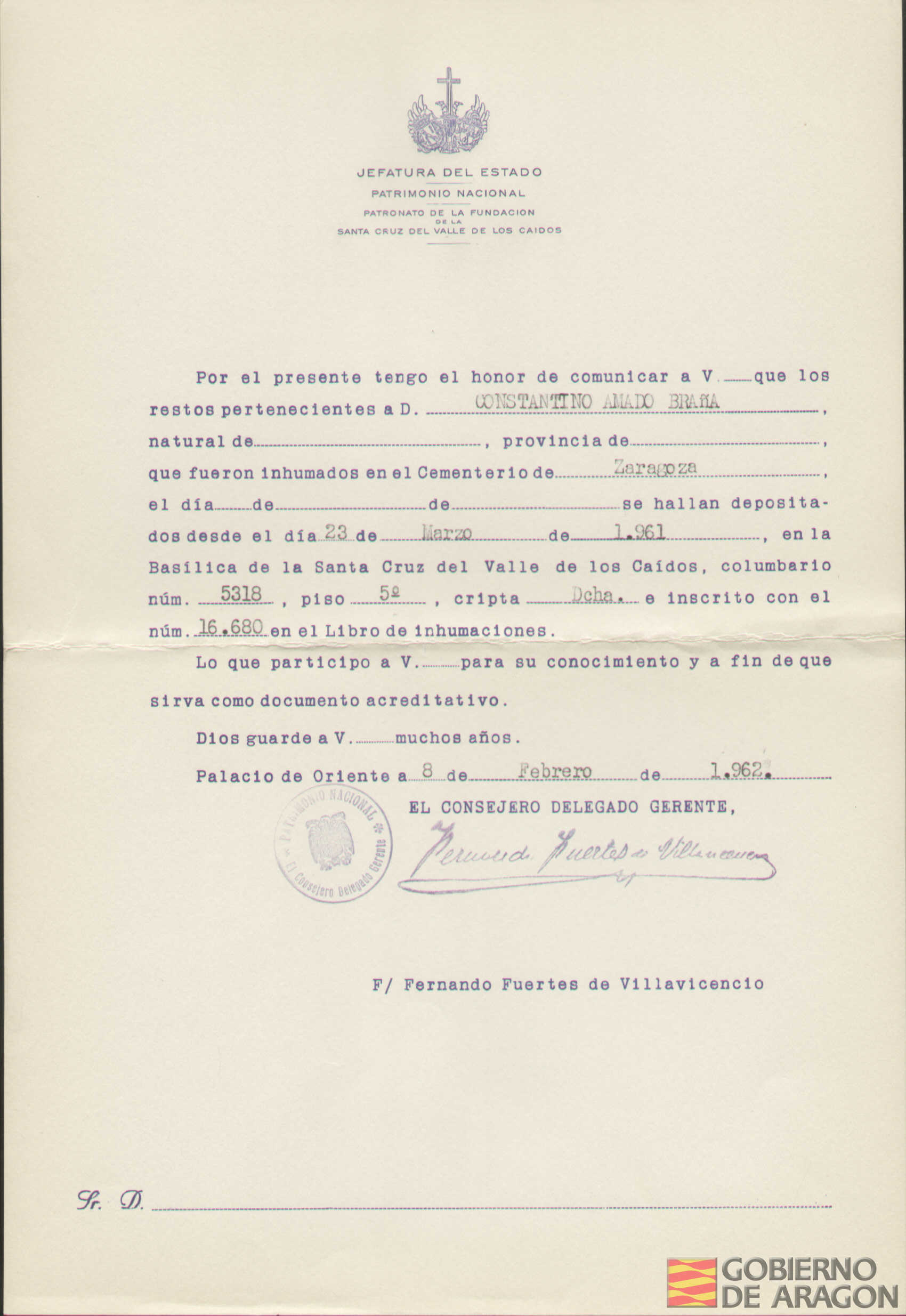 Traslado al Valle de los Caídos de los restos mortales de Constantino Amado Braña el día 23 de marzo de 1961