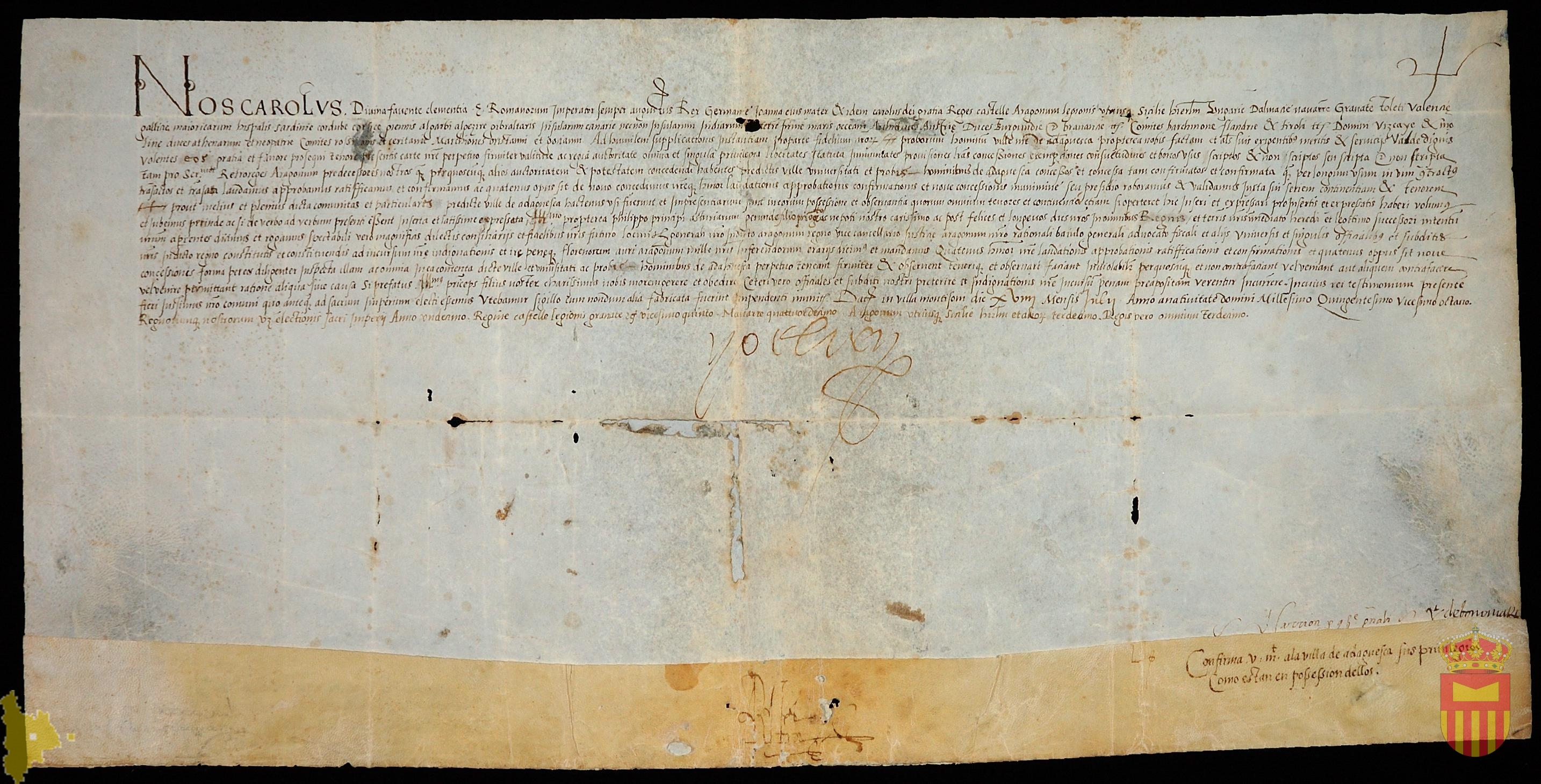 Privilegio real por el que Carlos I confirma a Adahuesca todos sus usos y costumbres