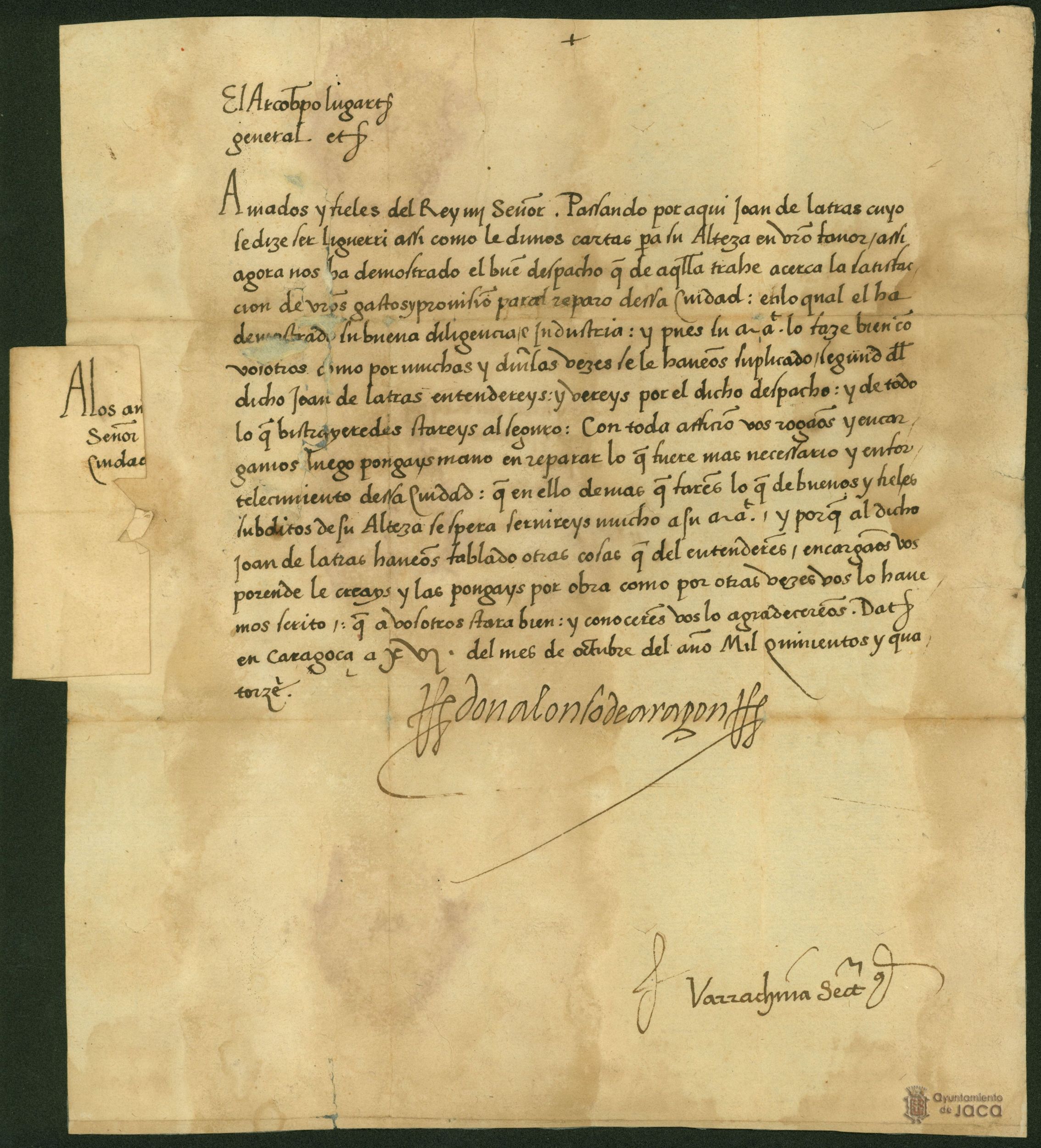 Carta de Alonso de Aragón, lugarteniente general del reino de Aragón, al Concejo de Jaca sobre lo que despachó con Juan de Latas.