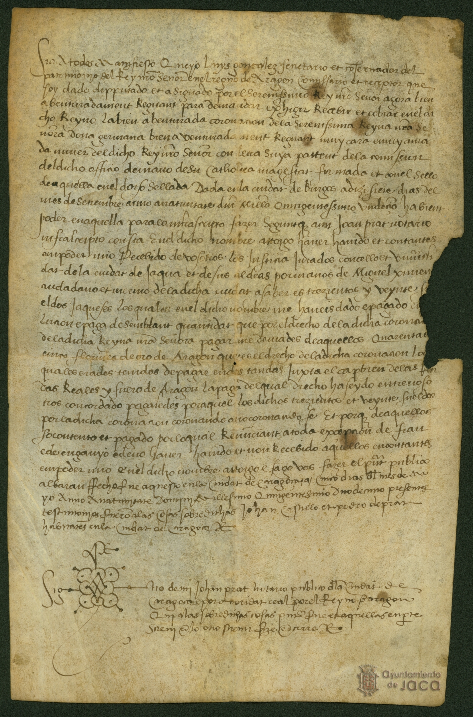 Luis Gonzalez, receptor en nombre del Rey de los derechos de coronación, hace recibo del pago de 320 sueldos de dineros jaqueses que el Concejo de Jaca debía pagar, como segundo pago de los 45 florines de oro que eran el total de los derechos de coronació