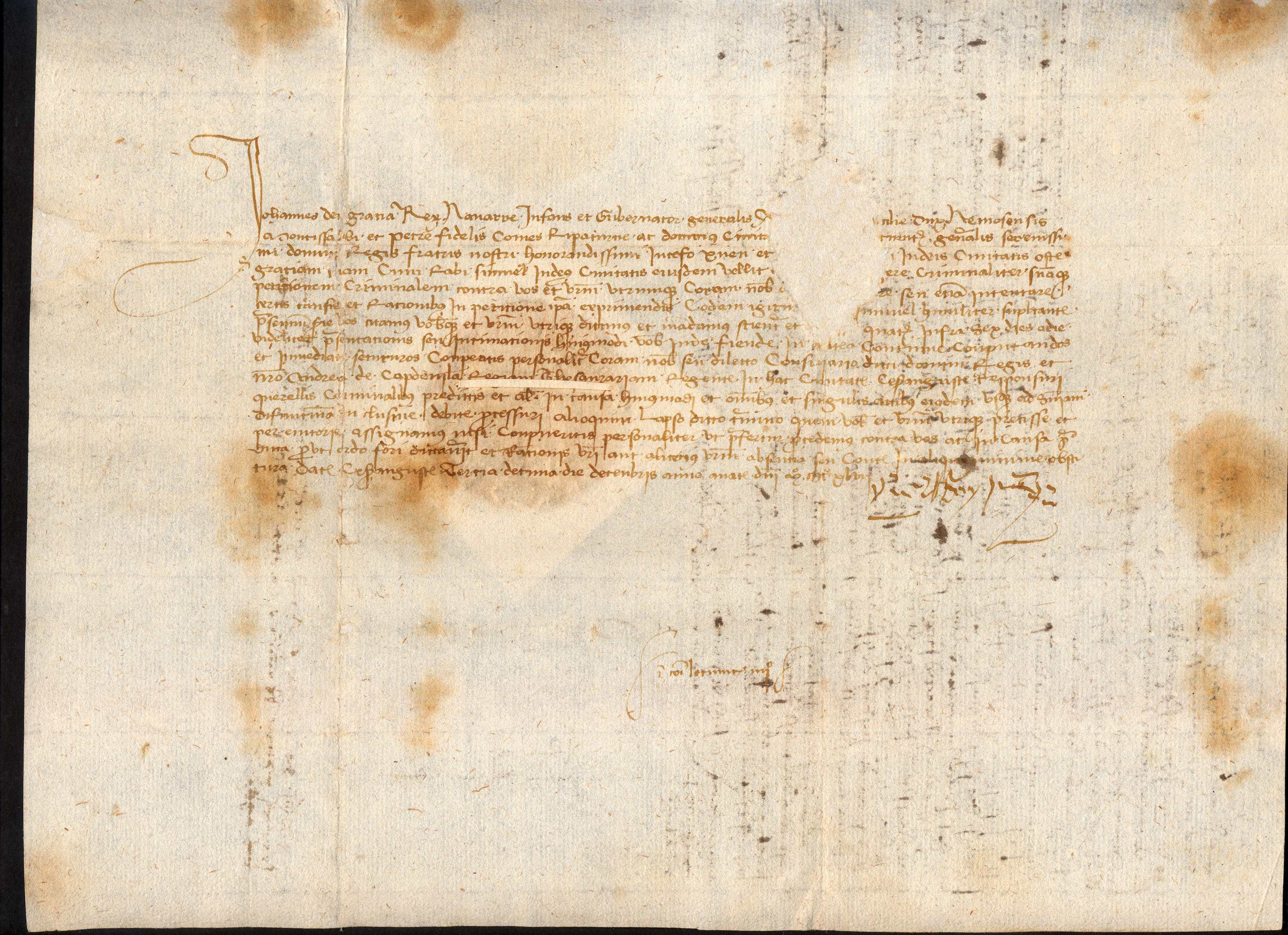 Juan II, rey de Navarra e Gobernador General de Aragón, cita a Jucé Xuen y otra persona, judíos de Huesca, para que comparezcan ante él o el tesorero real en un plazo de seis días para responder sobre ciertas querellas criminales, a instancia de Rabi Samuel, judío de la misma ciudad
